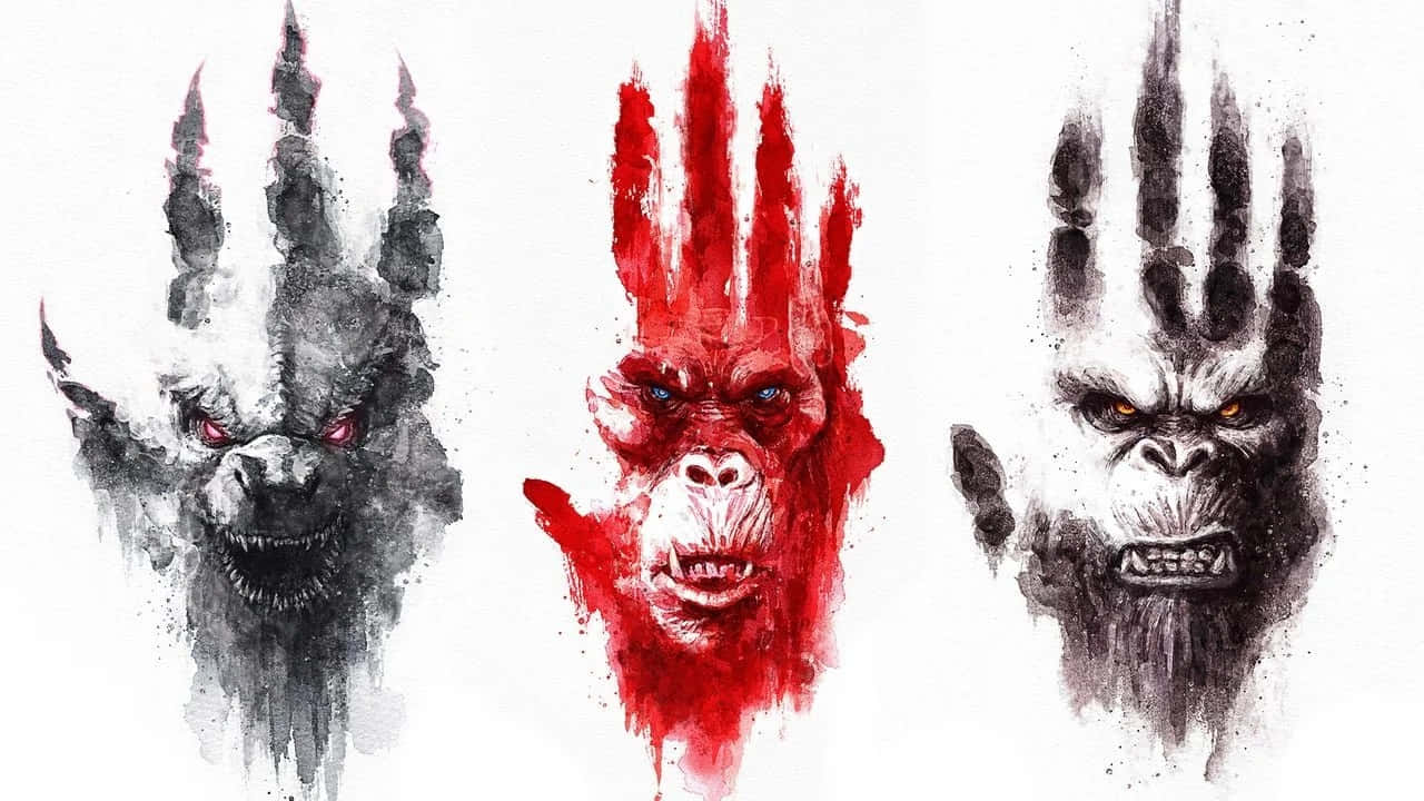 Godzilla X Kong The New Empire 桌布 壁紙 — 三個怪獸般的猿猴面孔從墨漬中浮現，帶有紅色發光的眼睛和鋒利的牙齒，背景是純白色。