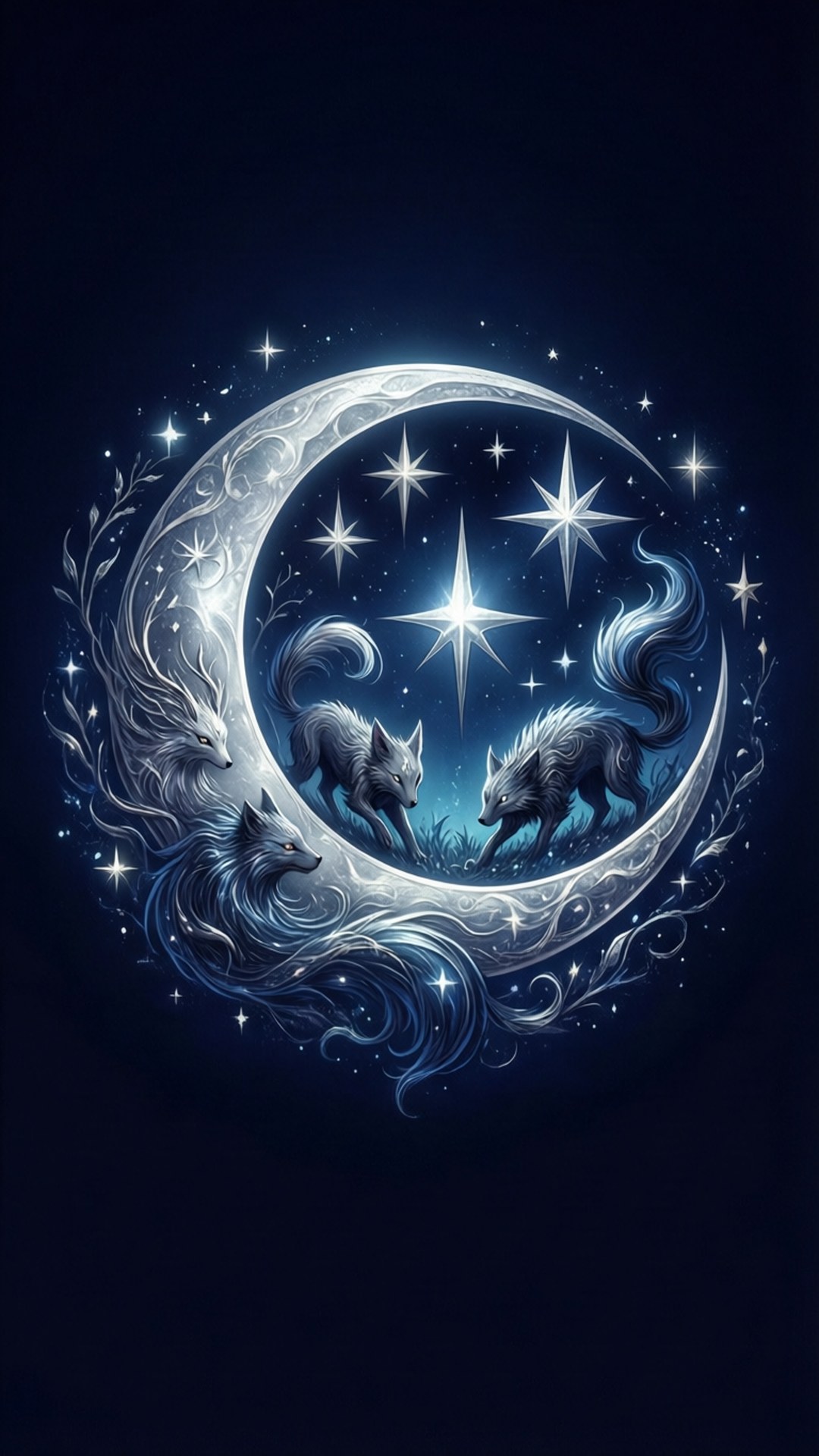 桌布 壁紙 — 三隻神秘的狼在閃爍的星空中，於發光的彎月內跳躍，背景是深藍色的夜空。