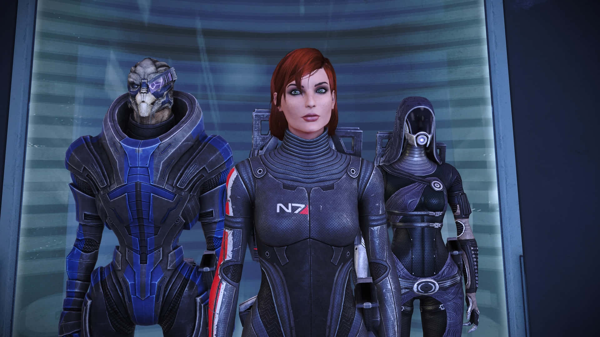 Mass Effect Legendary Edition 桌布 壁紙 — 三名身穿未來裝甲的N7士兵在發光的藍色條紋背景前蓄勢待發。