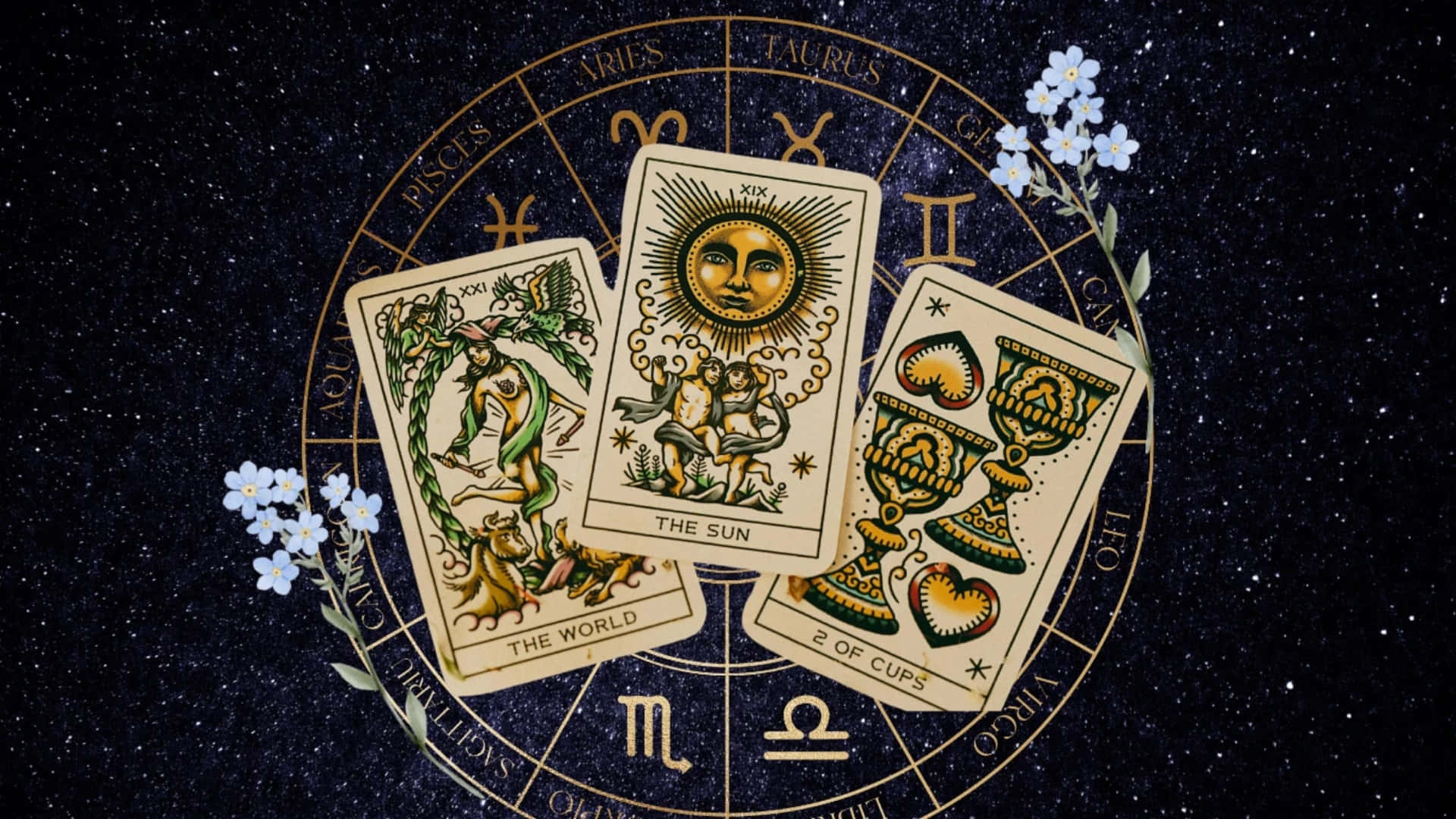  壁紙 — 三張華麗的塔羅牌「世界」、「太陽」和「聖杯二」安放在一個黃道輪上，背景是點綴著勿忘我的星空夜空。