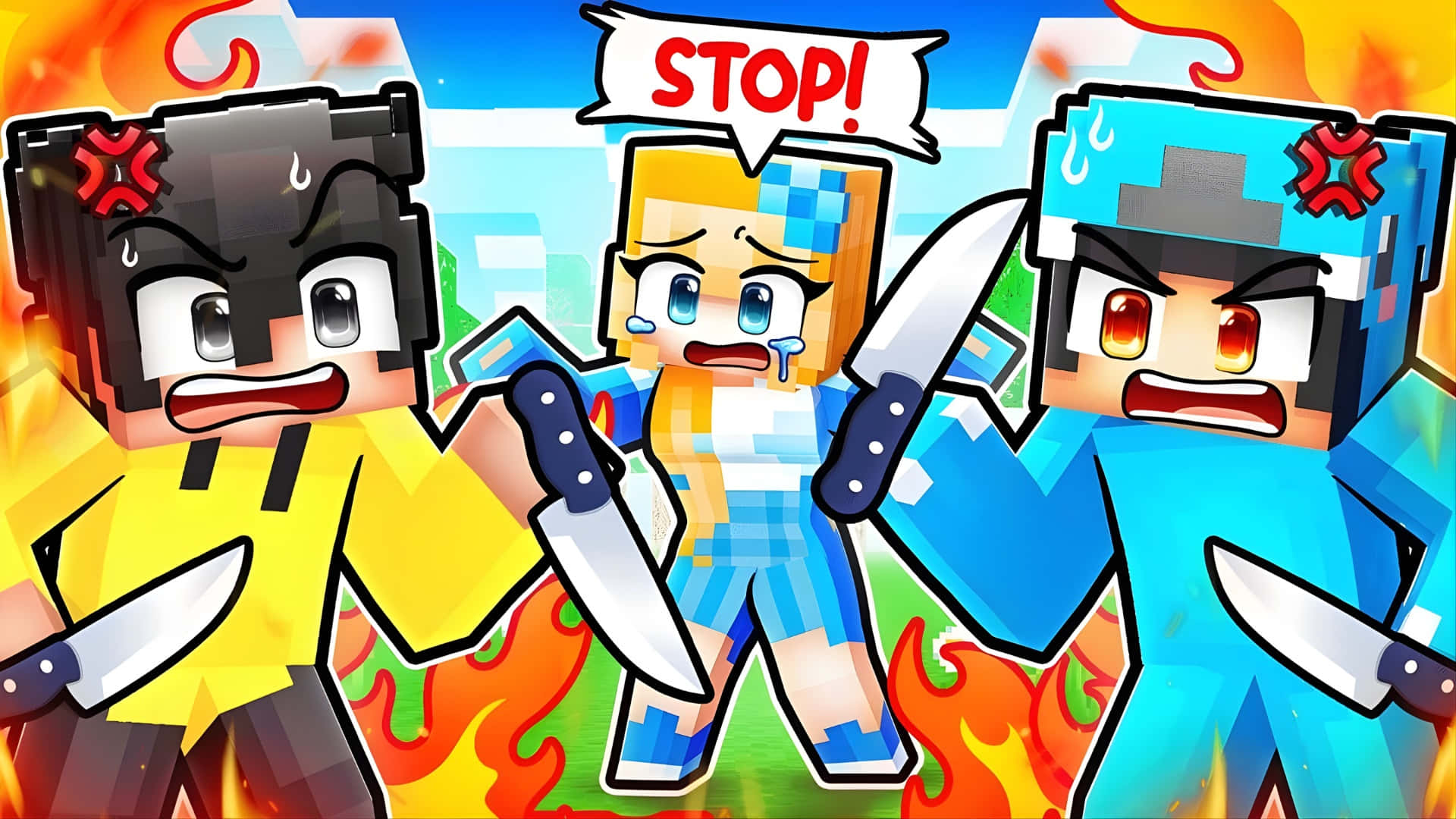  壁紙 — 三個像素化的Minecraft角色手持刀具站在烈火混亂中，其中一個尖叫着停止，火焰吞噬了場景。