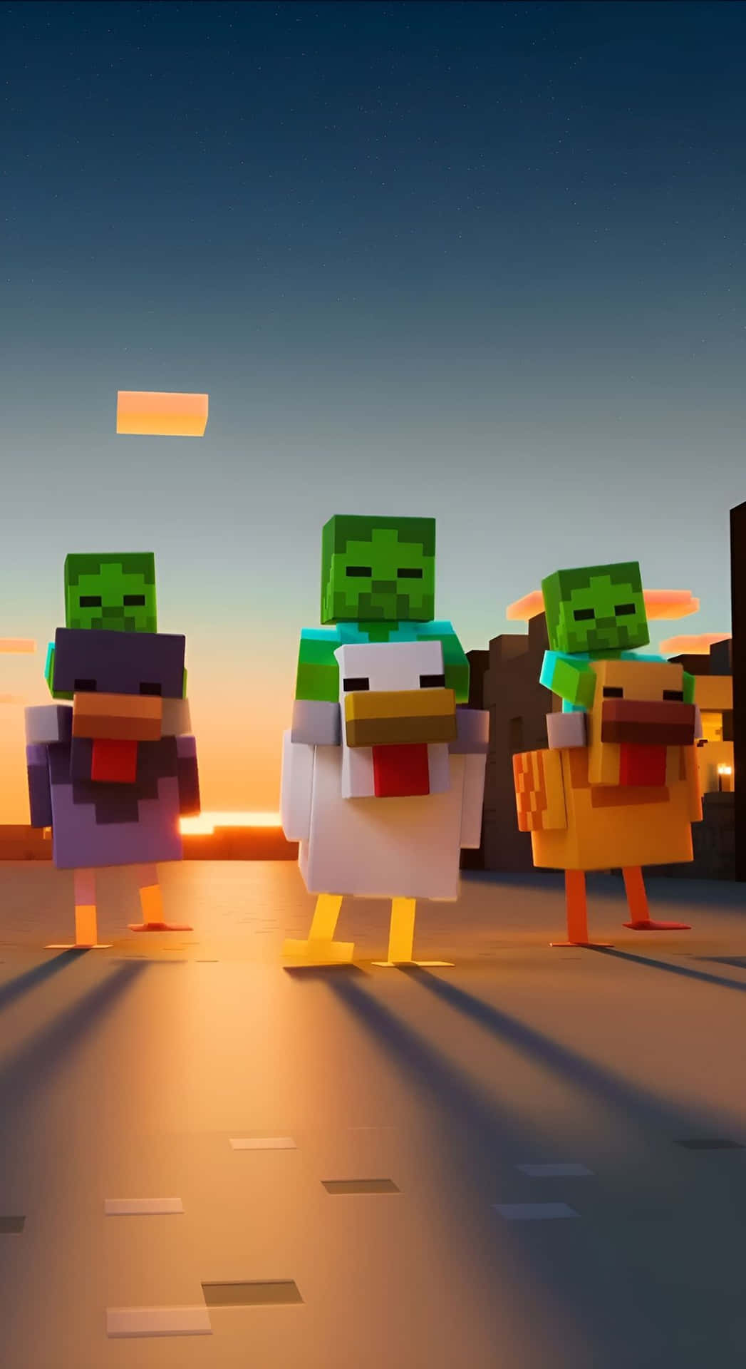  壁紙 — 三個像素化的Minecraft喪屍在日落時騎鴨子，在方塊地面上投下長長的影子。