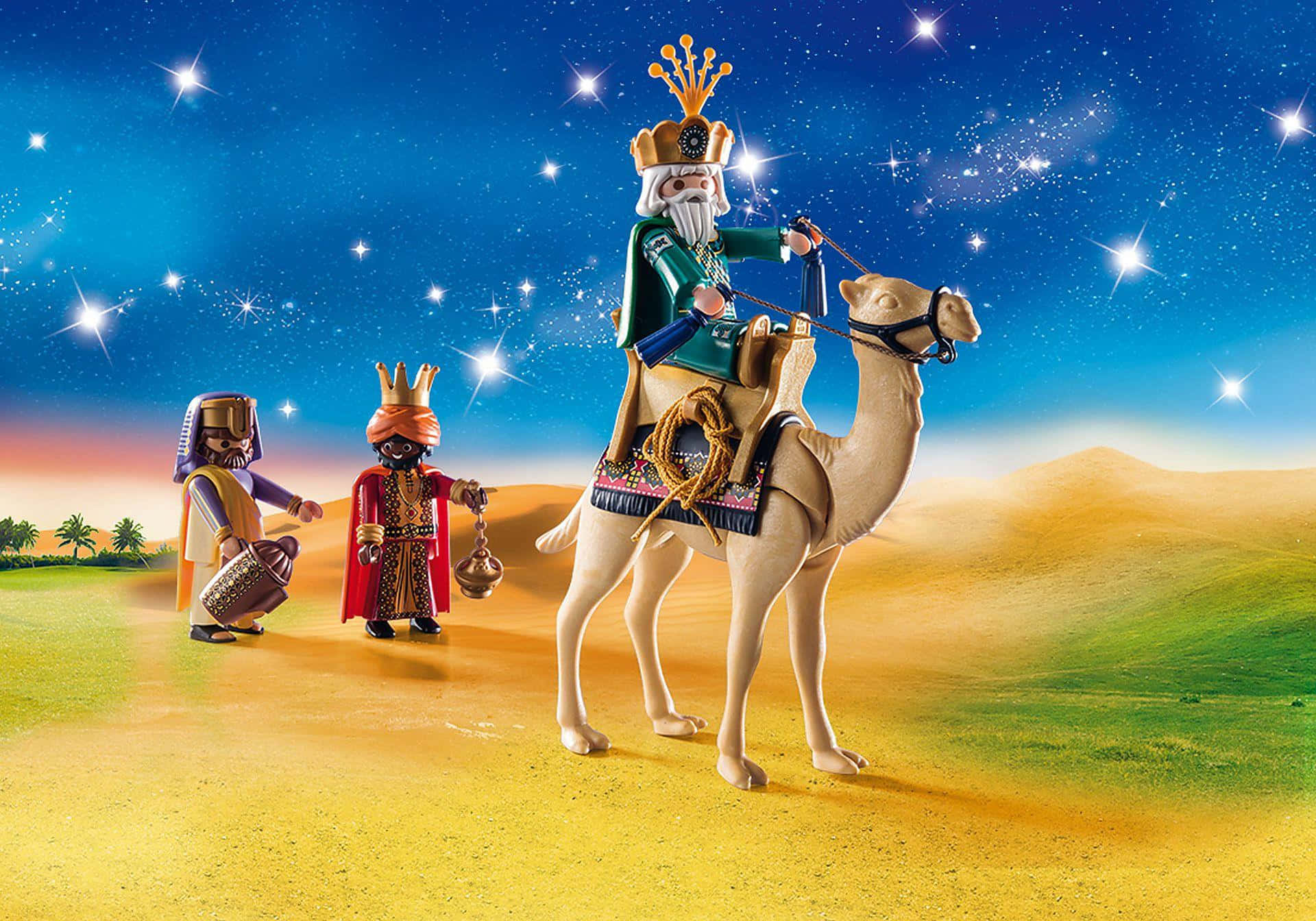  壁紙 — 三個 Playmobil 智者帶著駱駝在星空下的沙漠中旅行。