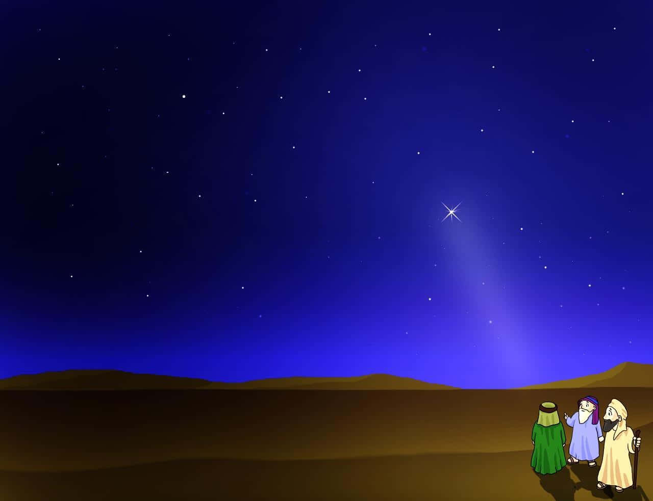  壁紙 — 三個身穿長袍的人物在沙漠景觀上，仰望深藍色夜空中一顆明亮閃耀的星星，充滿敬畏。