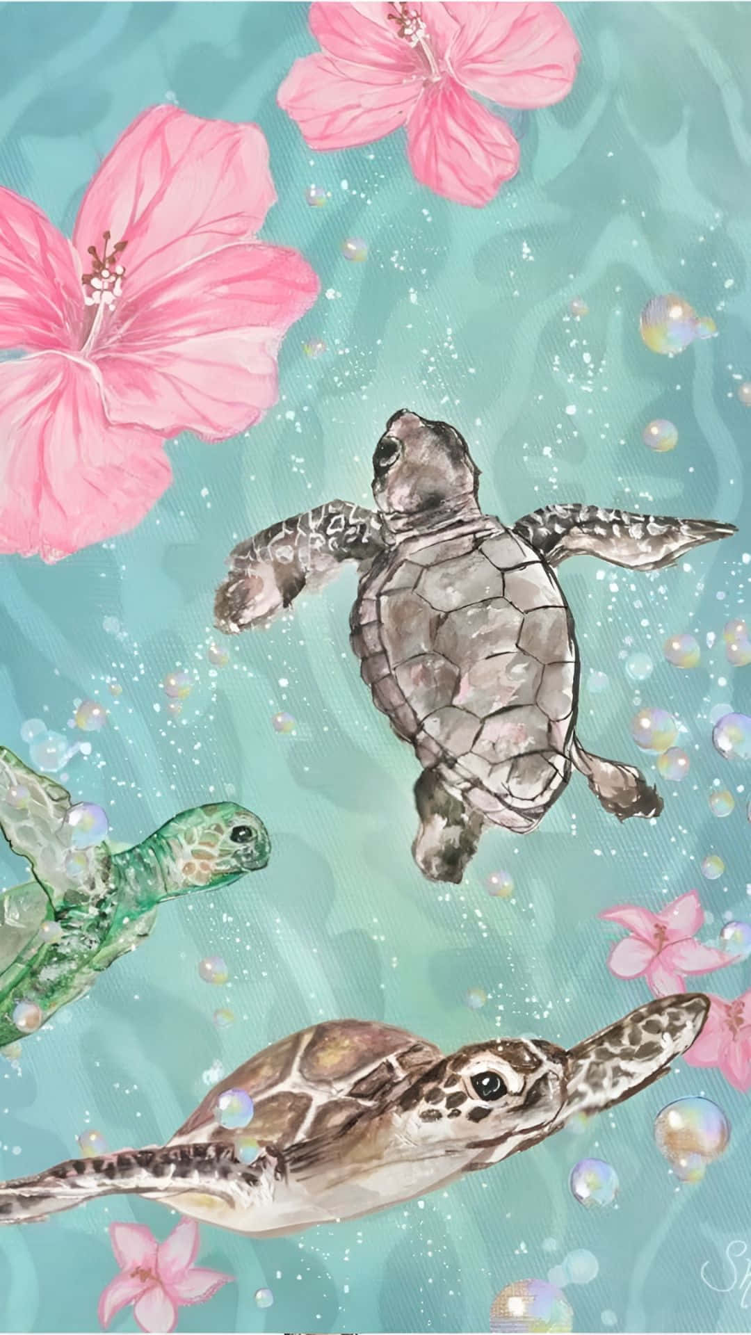  壁紙 — 三隻海龜優雅地滑過碧綠的海水，水中點綴著漂浮的粉紅色芙蓉花和閃閃發光的氣泡。