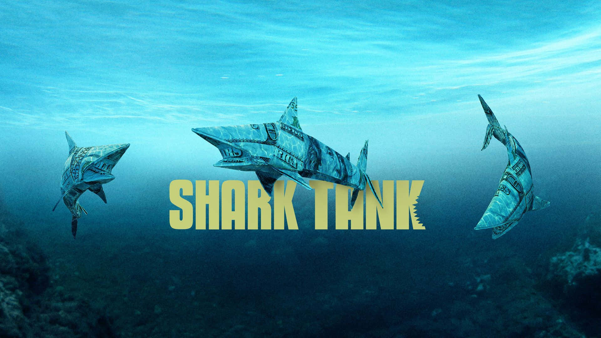  壁紙 — 三條由美元鈔票製成的鯊魚在粗體黃色「SHARK TANK」標題下於水中游動。