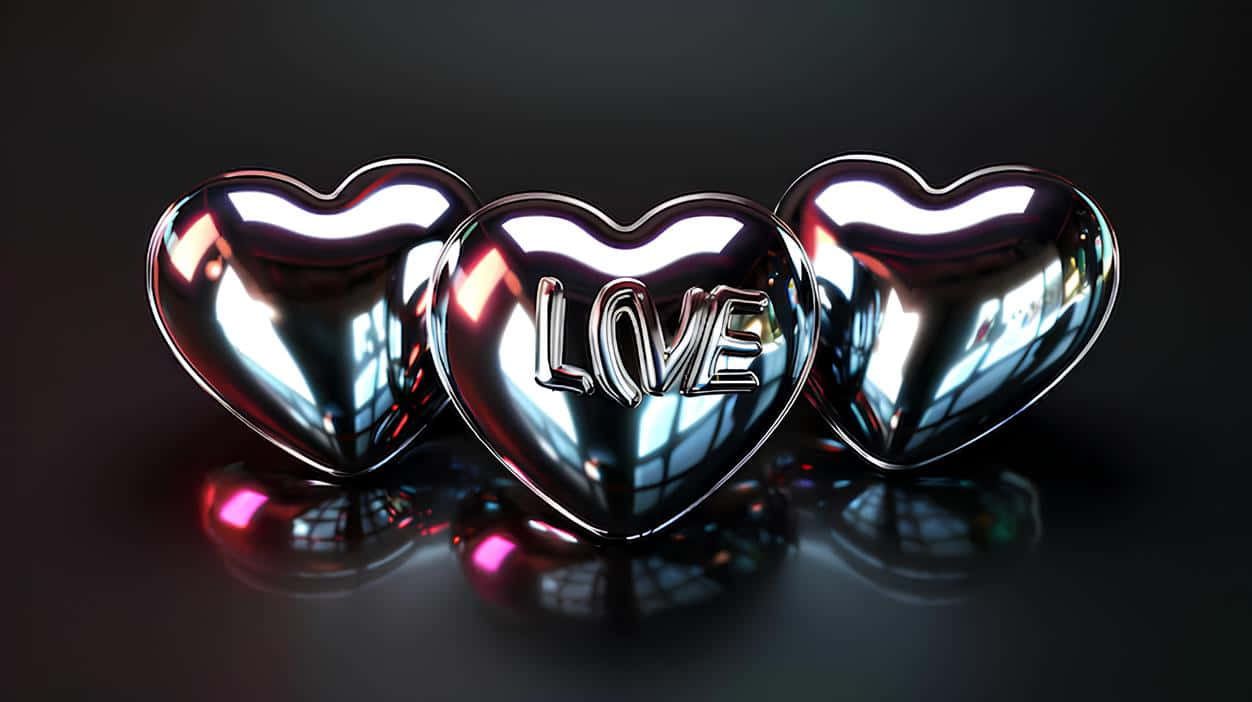  壁紙 — 三個閃亮的鉻心排成一排，中間的心上刻有LOVE字樣，背景為深色反光表面。