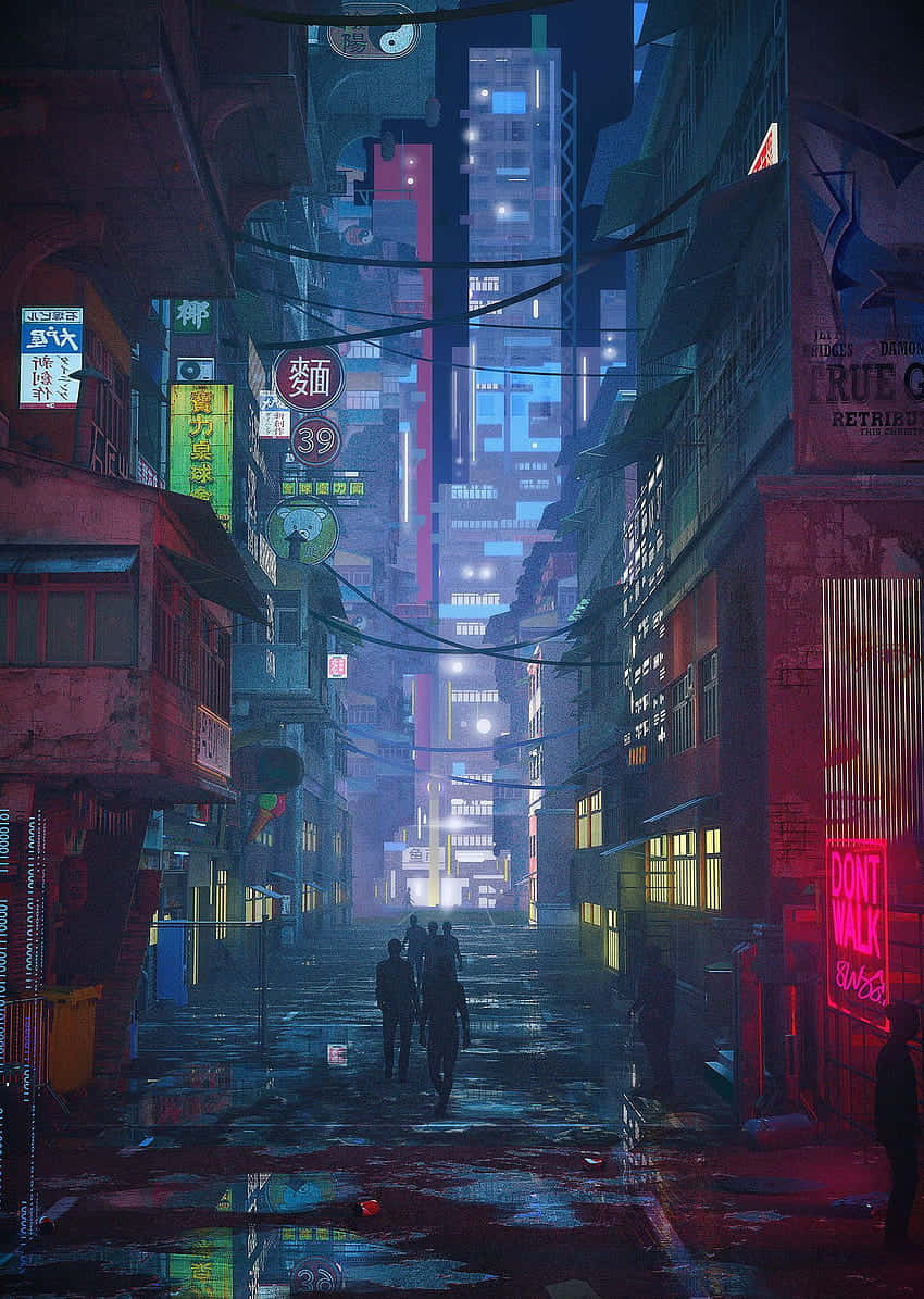  壁紙 — 夜晚，三個剪影人物走在高聳的賽博龐克建築之間，一條被雨水浸濕、霓虹燈照亮的小巷中。