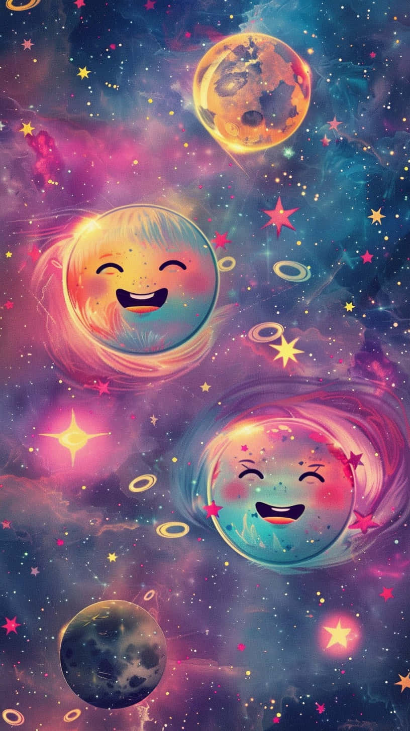 Galaxy Emojis 桌布 壁紙 — 三個微笑的卡通行星，頭髮發光，在色彩繽紛的星星和宇宙漩渦中快樂地漂浮。