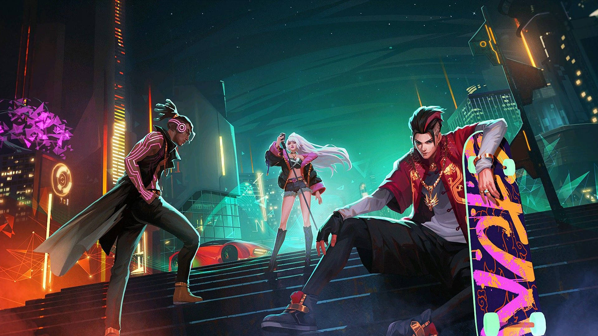 Mobile Legends STUN 成員 壁紙 — 三個風格化的動漫角色在星光燦爛的夜空下，在發光的霓虹燈城市樓梯上動態擺姿勢。