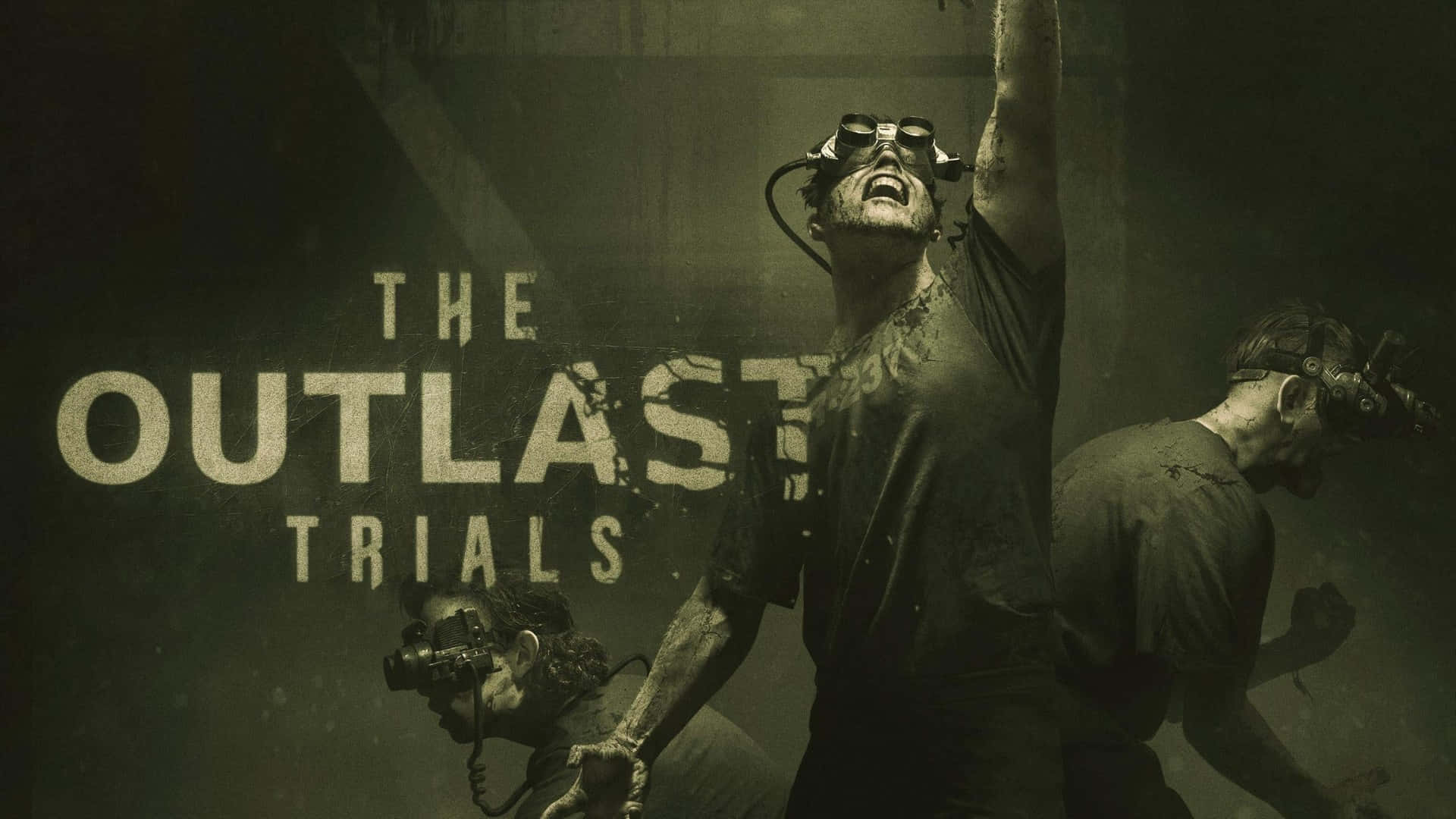  壁紙 — 三名驚恐的倖存者在昏暗的精神病院中尖叫奔跑，而標題《The Outlast Trials》陰森地浮現。