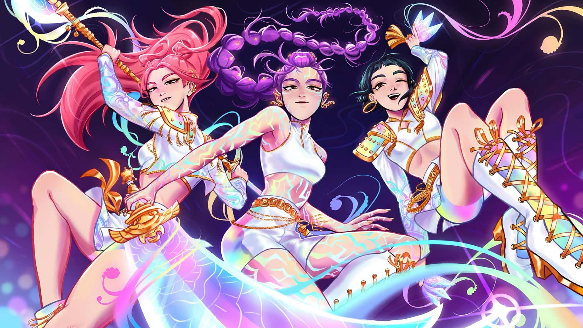  壁紙 — 三個充滿活力的動漫女孩，擁有飄逸的頭髮和發光的武器，在旋轉的紫色宇宙背景前動態擺姿勢。