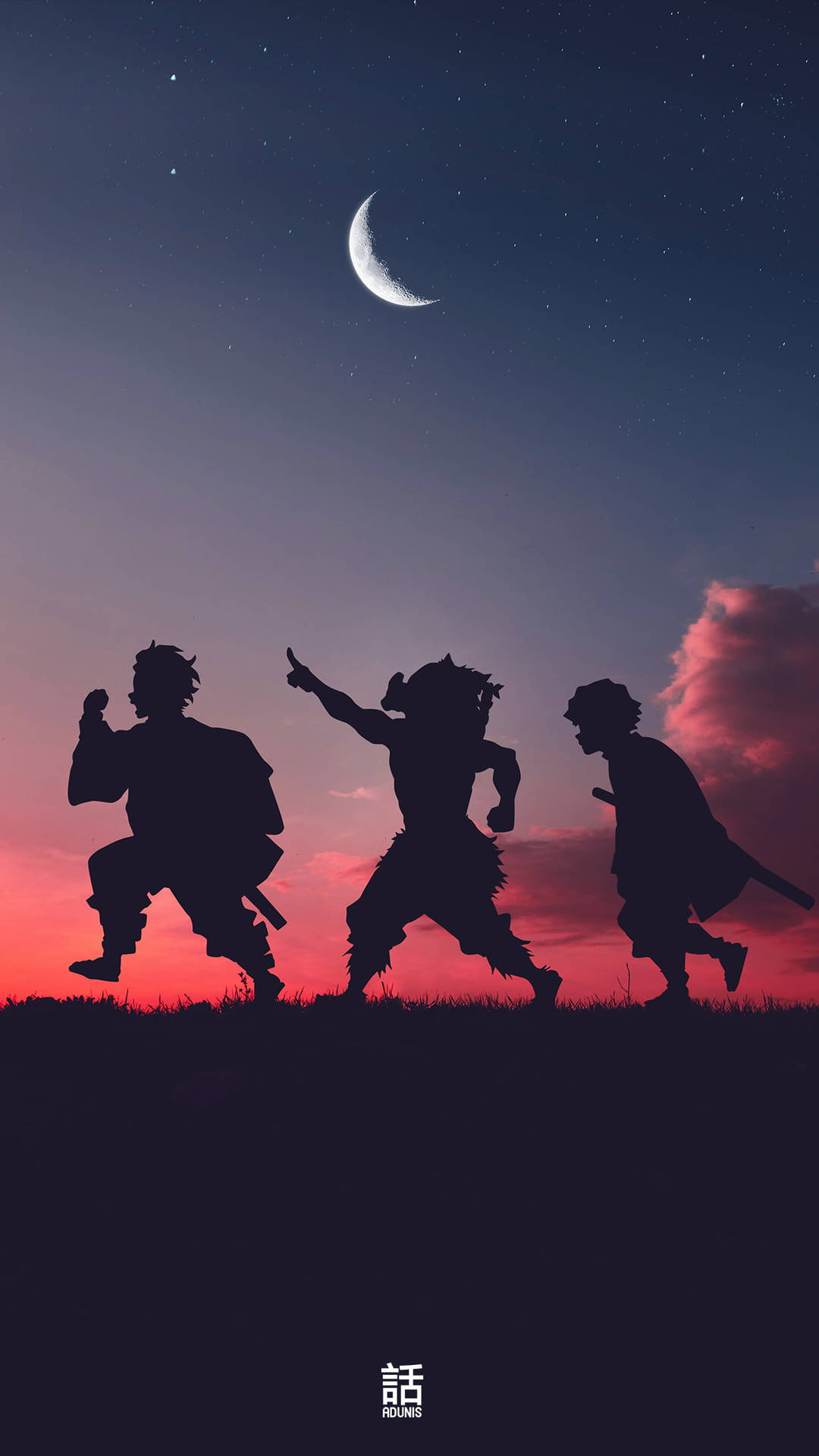 三個動漫戰士在彎月下於黃昏奔跑。