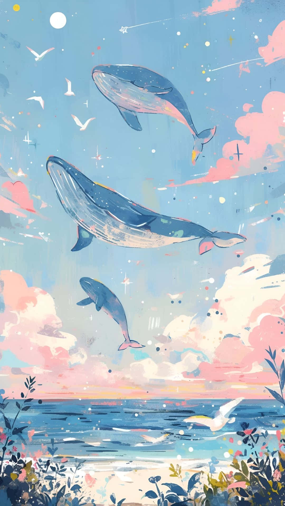  壁紙 — 三條鯨魚在寧靜海洋地平線上方，充滿雲朵、鳥兒和星星的粉彩天空中滑翔。