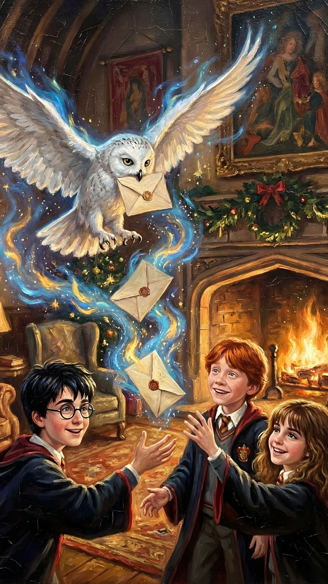  壁紙 — 三位年輕巫師急切地伸手去拿由發光雪鴞送來的魔法信件，房間裡有舒適的壁爐。