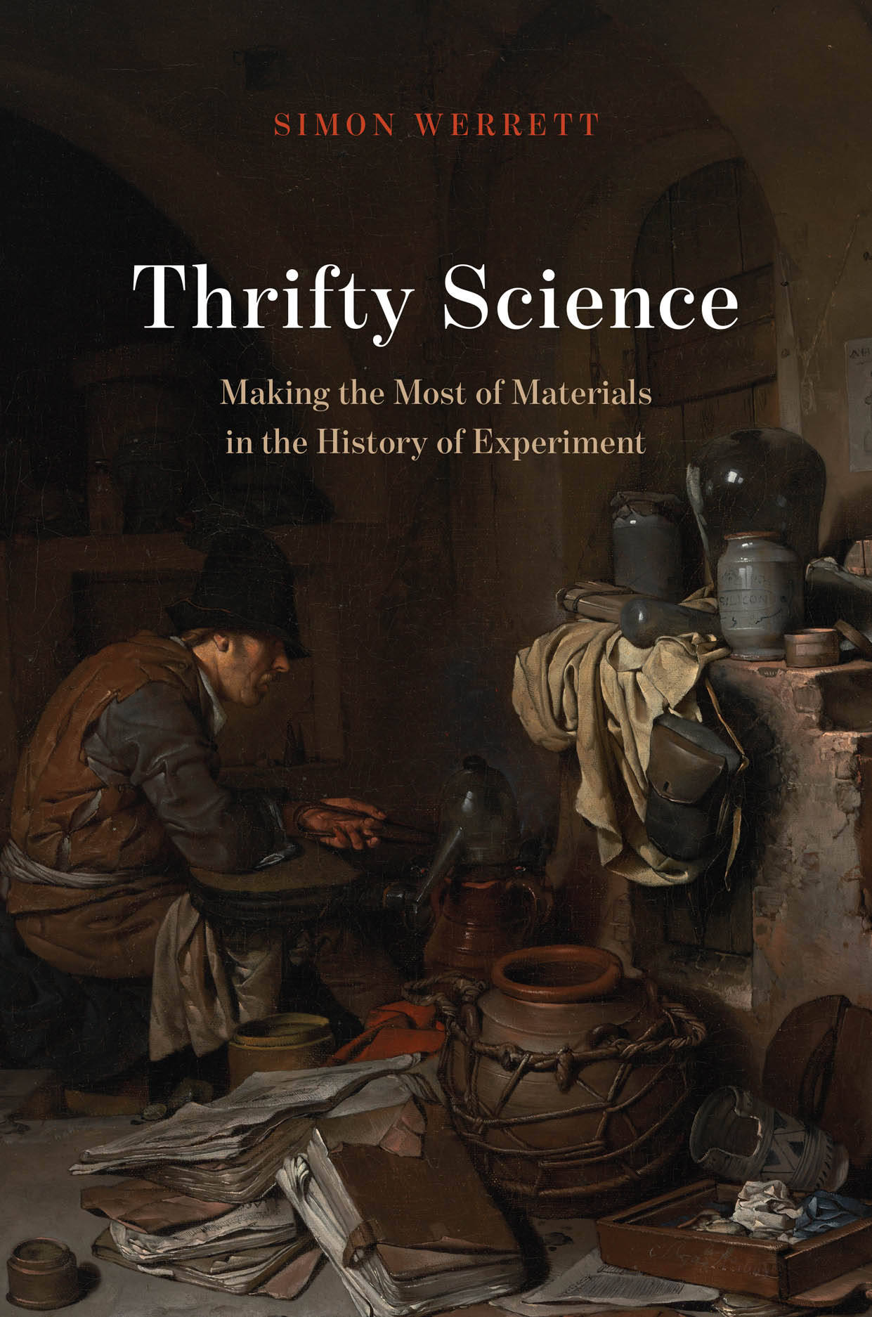 Thrifty Science 書籍封面，展示一個男人在雜亂的歷史工作室中。