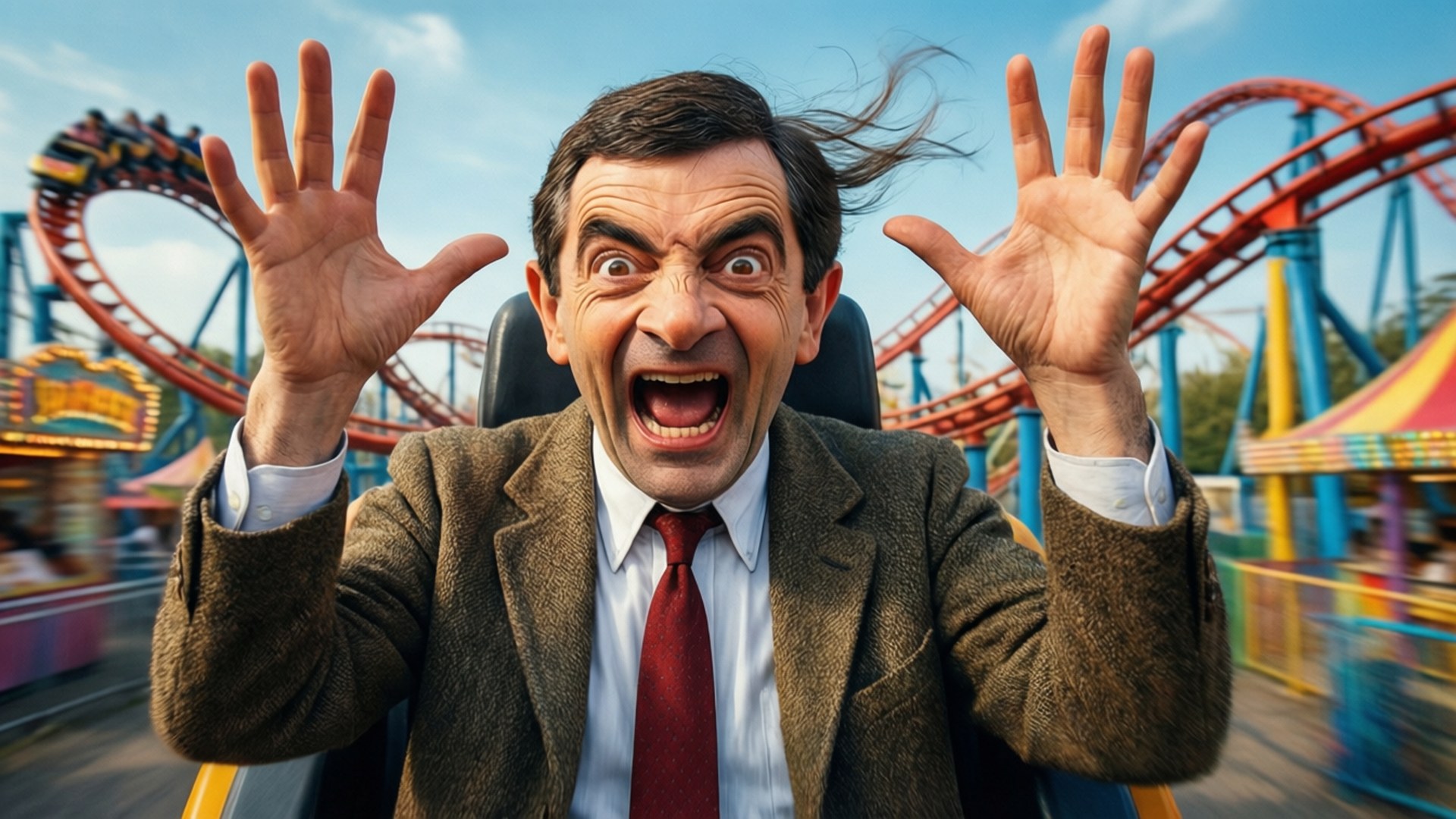 Thrill Ride Bean 壁紙 — Mr Bean 在遊樂園乘坐色彩繽紛的過山車時舉起雙手尖叫。