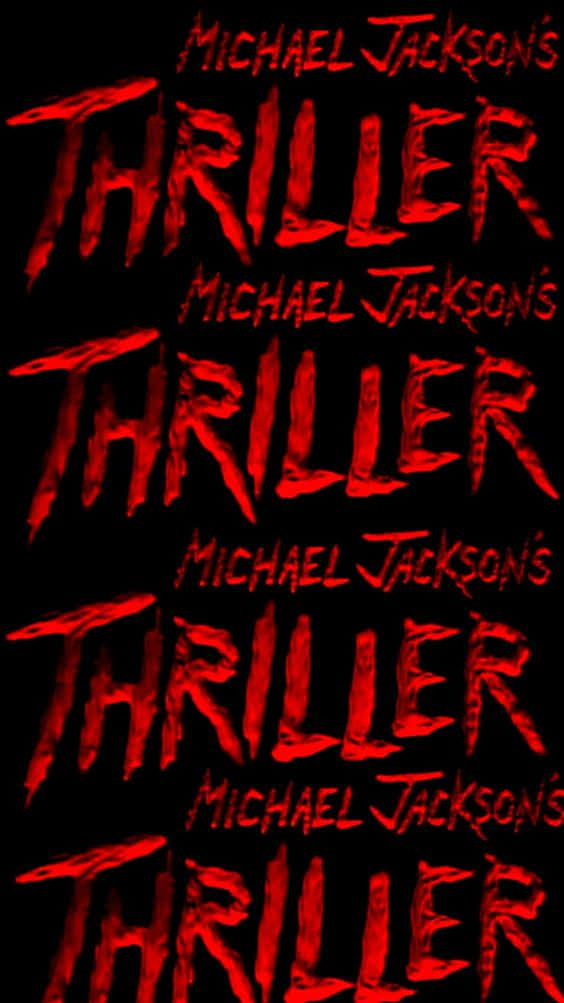 邁克爾·傑克森在經典《Thriller》音樂錄影帶中 壁紙 — 紅色滴落文字拼寫Thriller在黑色背景上垂直重複，每個實例上方有Michael Jackson的名字。