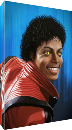 邁克爾·傑克森《Thriller》微笑插圖 壁紙 — 米高積遜在鮮藍色背景前穿著紅色外套燦爛微笑。