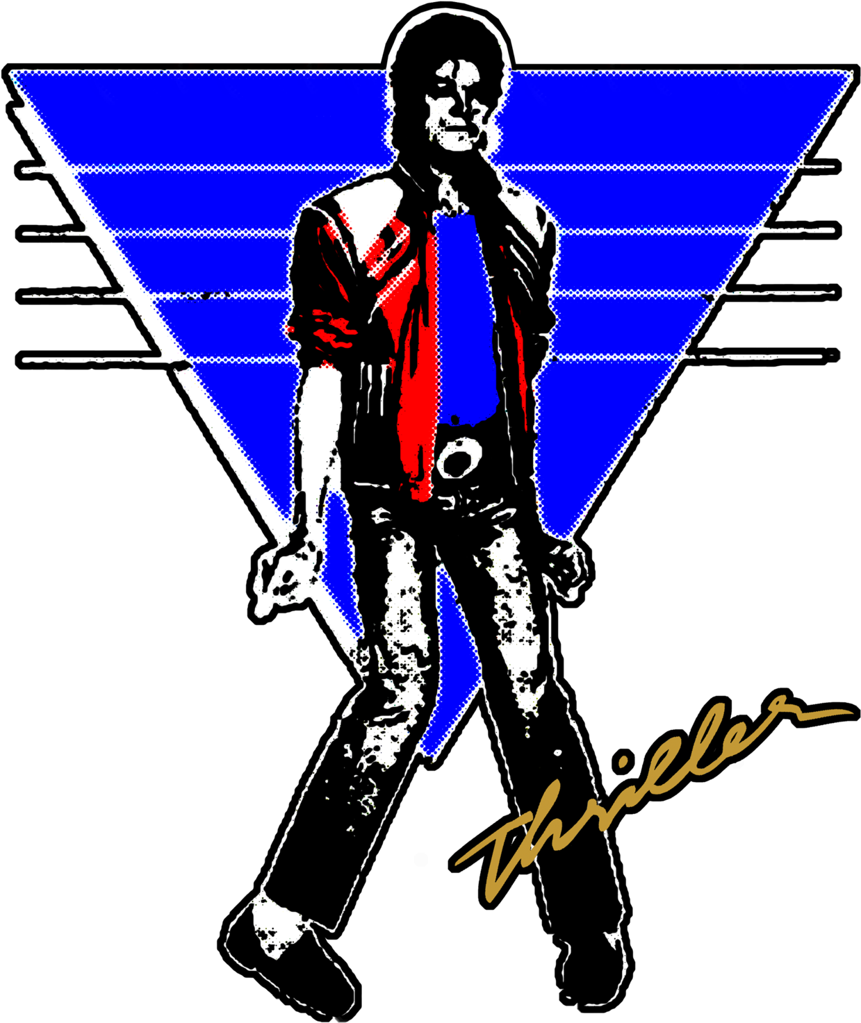 邁克爾·傑克森《Thriller》造型 壁紙 — 米高積遜標誌性Thriller姿勢的風格化圖形，背景為藍色三角形，下方寫有Thriller字樣。