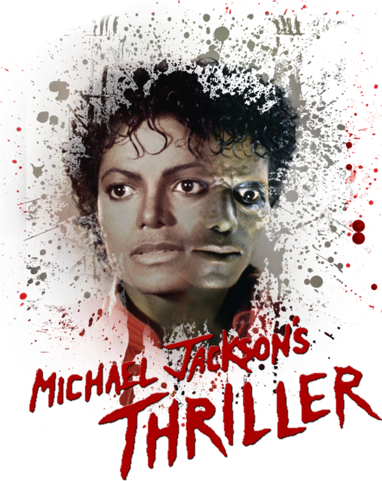 邁克爾·傑克森《Thriller》變身 壁紙 — 米高積遜以標誌性的 Thriller 姿勢，半邊臉蒼白半邊正常，穿著紅色外套，背景為深色濺墨。
