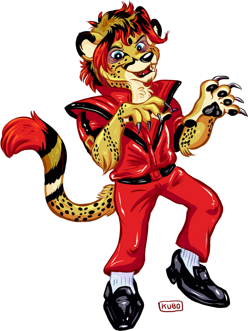 穿《Thriller》造型的擬人化獵豹 壁紙 — 一隻充滿活力的卡通獵豹穿著紅色連身衣，在黑色背景前擺出動感舞姿。