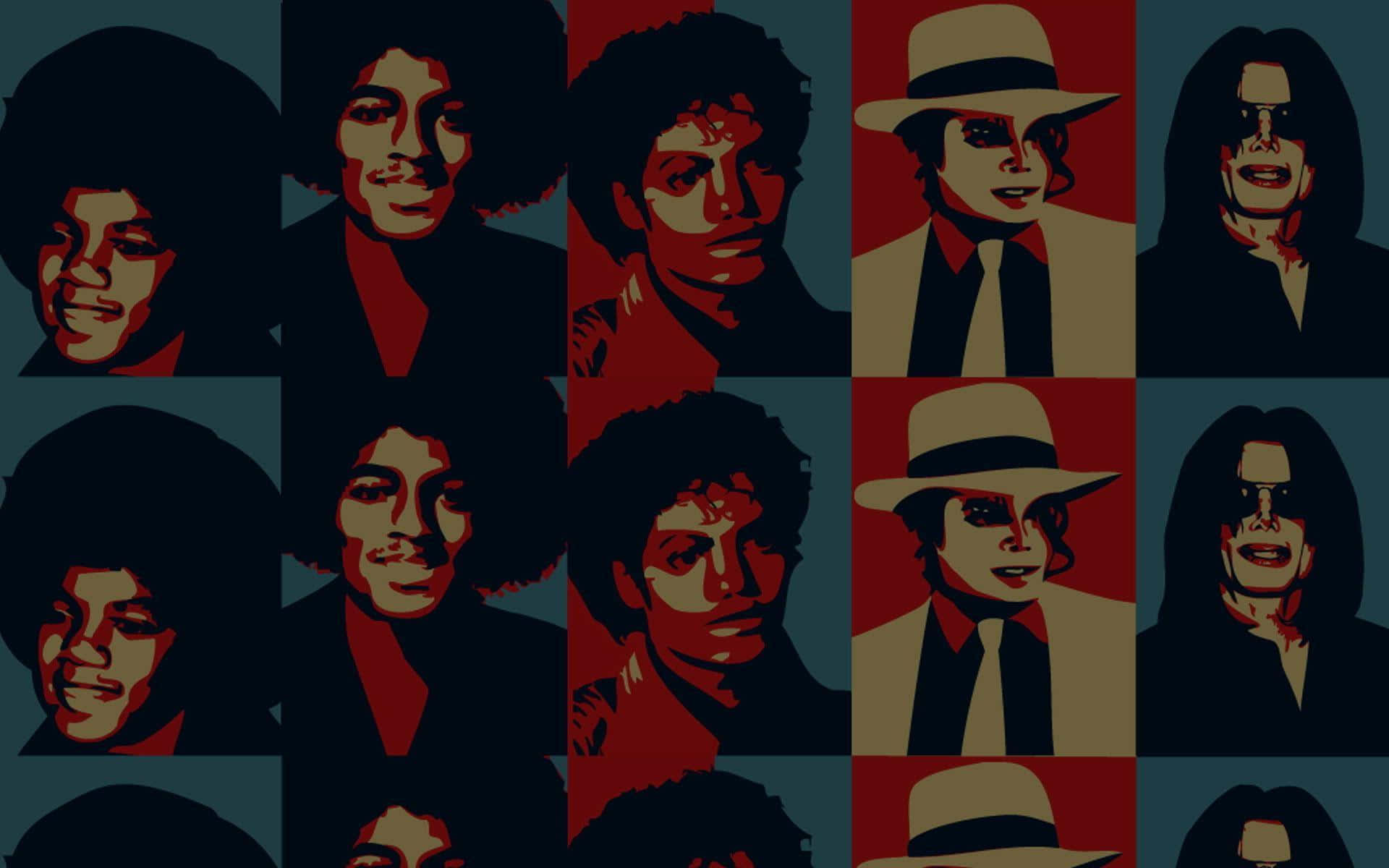 邁克爾·傑克森在經典 Thriller 音樂錄影帶中 壁紙 — 米高積遜的普普藝術拼貼，展示多種標誌性姿勢和服裝，背景為大膽的紅色和藍綠色。