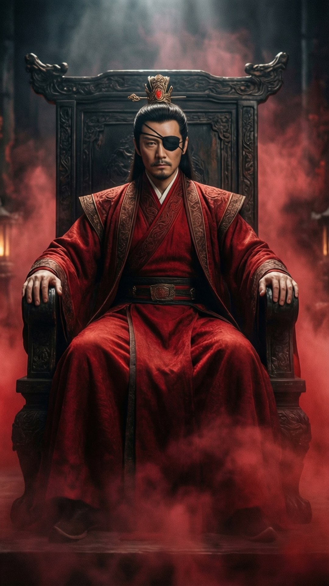 一位被蒙住眼睛的國王身著紅色長袍，坐在黑暗的王座上，被紅色煙霧包圍。