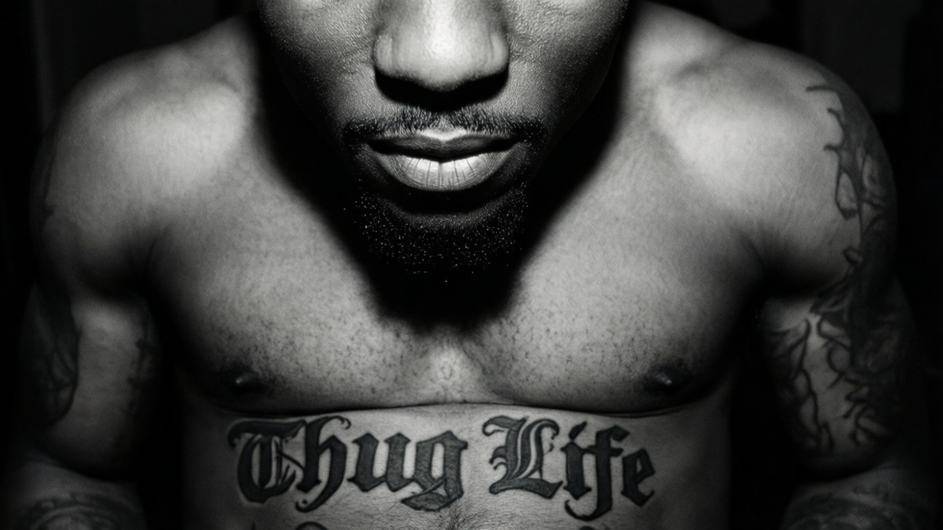 Thug Life紋身特寫 壁紙 — 一個黑白特寫，顯示一個有鬍鬚和紋身的肌肉男，胸口有 'Thug Life' 字樣。
