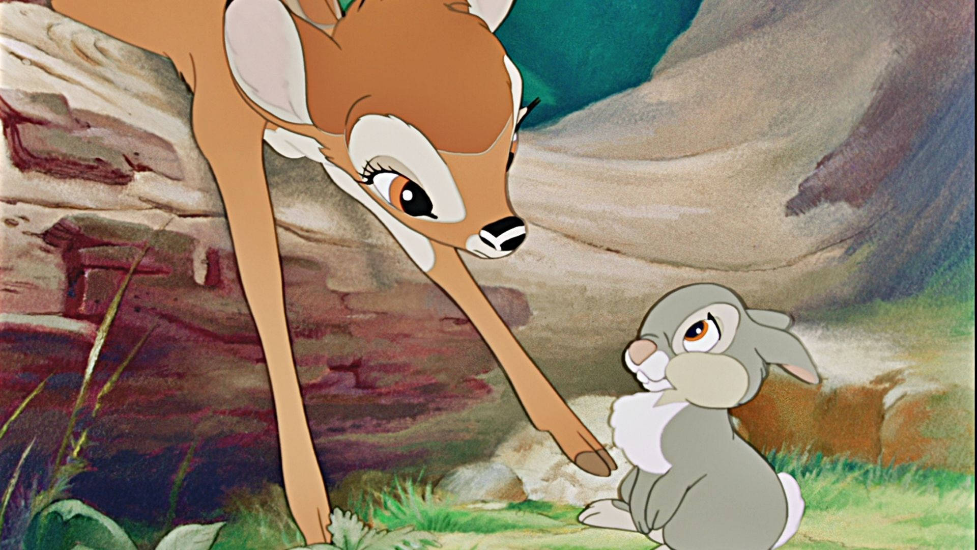 Thumper 拉手瞬間 壁紙 — 一隻溫柔的鹿伸出蹄子安慰森林空地中的小兔子。