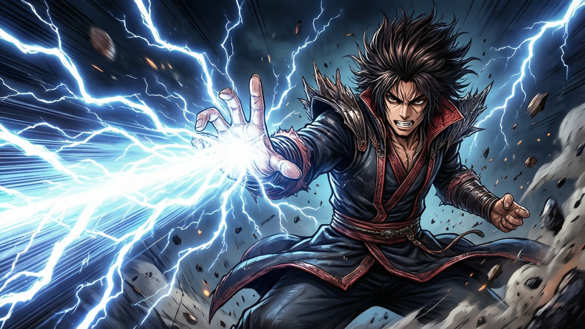 動漫戰士以強烈的表情引導電閃電。