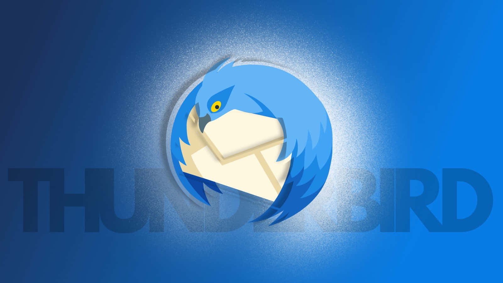 Thunderbird 電子郵件客戶端標誌 壁紙 — 一個風格化的藍色鳥標誌，在漸變藍色背景上拿著一個信封，上面有 thunderbird 字樣。