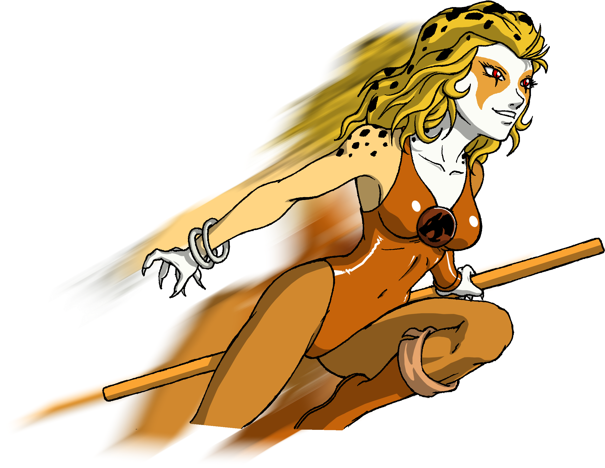 Thundercats Cheetara 行動姿勢 壁紙 — 一個充滿動感的動漫風格獵豹女郎，金色毛髮和橙色服裝，在黑色背景上蹲伏準備跳躍。