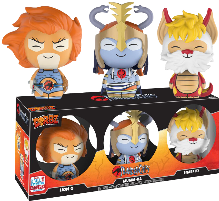 Thundercats Dorbz 玩偶收藏 壁紙 — 三個Q版風格的ThunderCats公仔Lion O、Mumm-Ra和Snarf展示在他們的收藏盒頂部和內部。