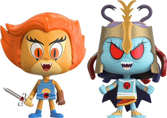 Thundercats Funko Pop人偶 壁紙 — 兩個風格化的卡通角色，一個橙色頭髮手持劍，另一個藍色反派有紅色眼睛和角，站在黑色背景前。