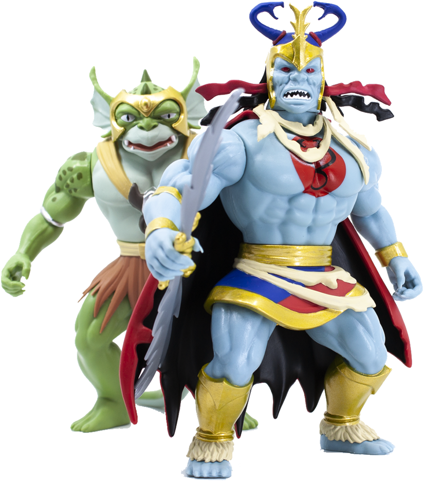 Thundercats 穆姆拉與斯萊特行動人偶 壁紙 — 兩個肌肉發達的奇幻動作人偶，一個藍色持劍戴皇冠，另一個綠色有角，站在黑色背景前。