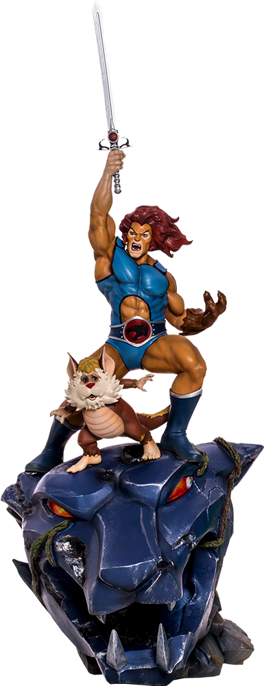 Thundercats 獅王與史納夫雕像 壁紙 — 一個肌肉發達、擁有獅子鬃毛的戰士身穿藍色盔甲，在一個咆哮的藍色獅子頭骨雕像上舉起劍，身旁有一個毛茸茸的小夥伴。