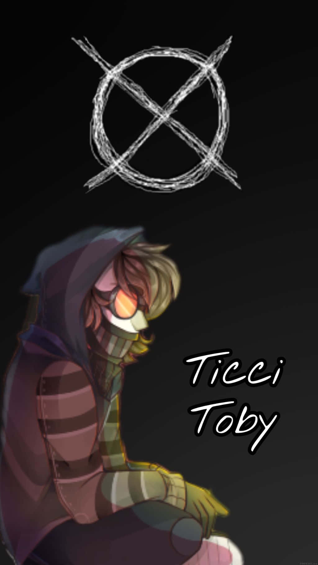 動漫角色Ticci Toby，在刮花的圓形符號下，眼睛發光並戴著連帽。