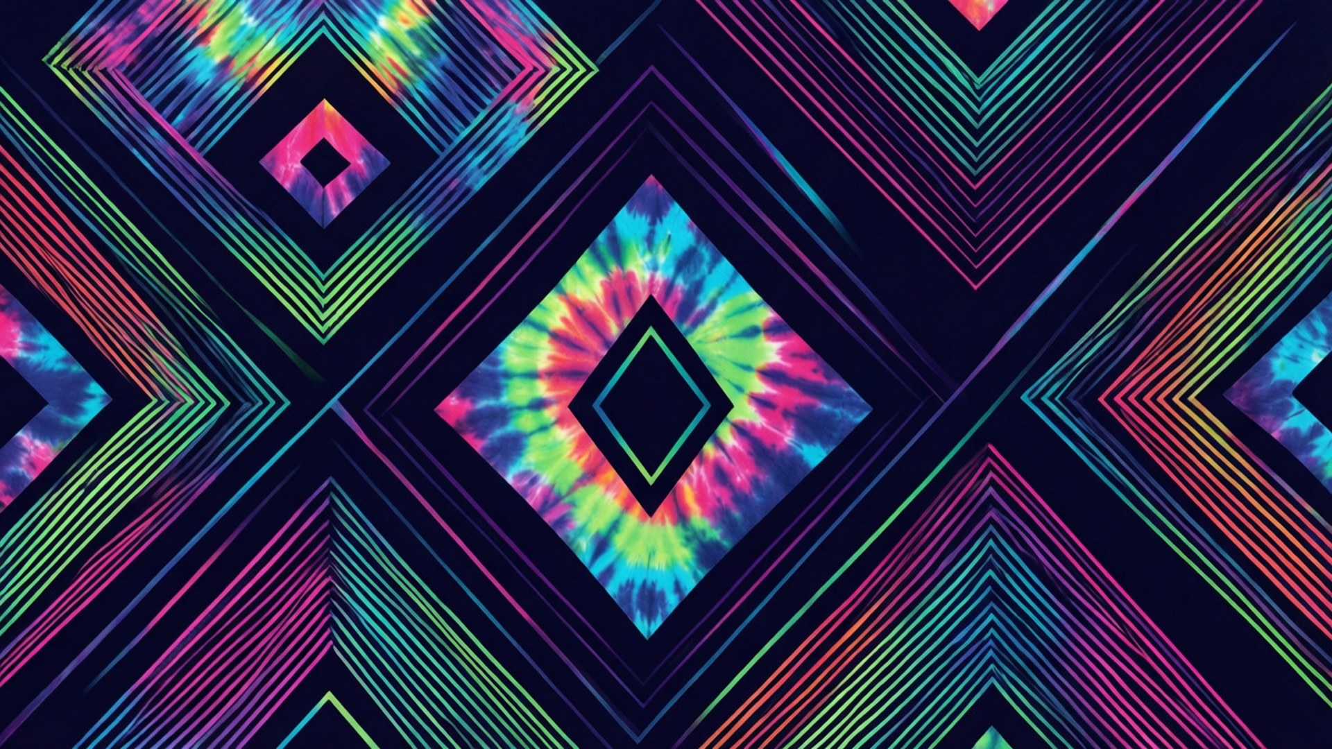 黑暗背景上帶有發光鑽石的霓虹紮染幾何圖案