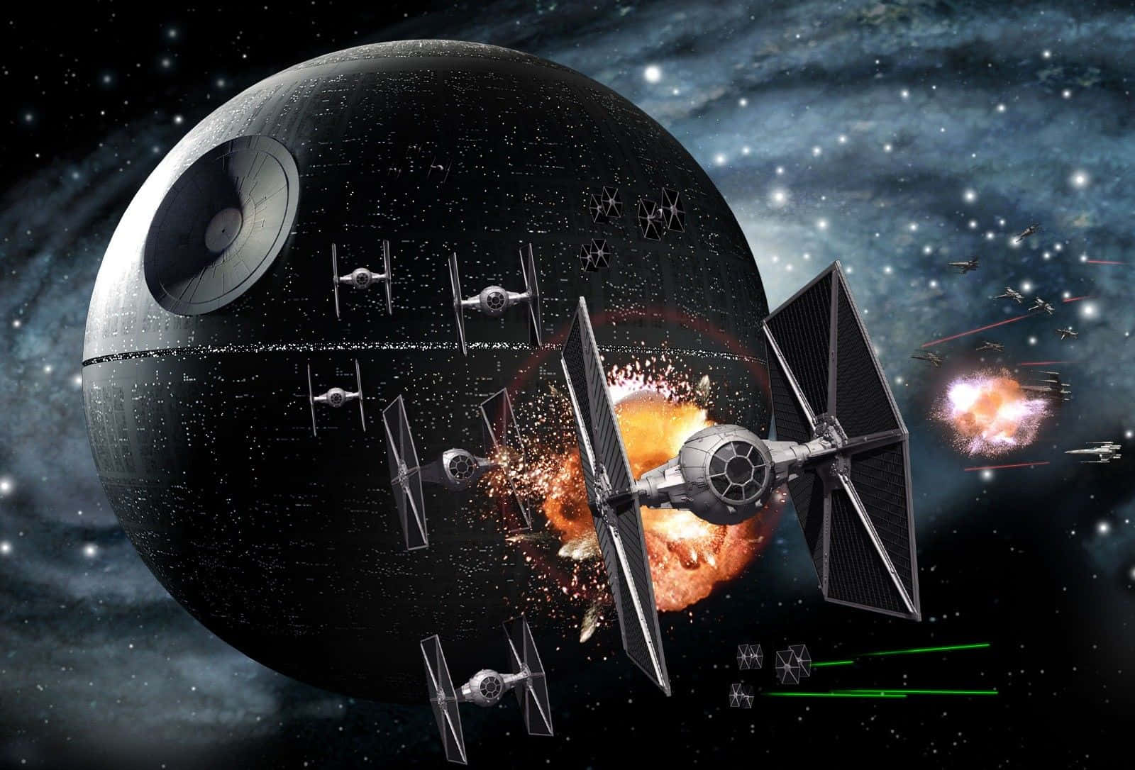 Cool Star Wars 桌布 壁紙 — TIE 戰機在死星附近戰鬥，爆炸照亮了星空宇宙戰場。