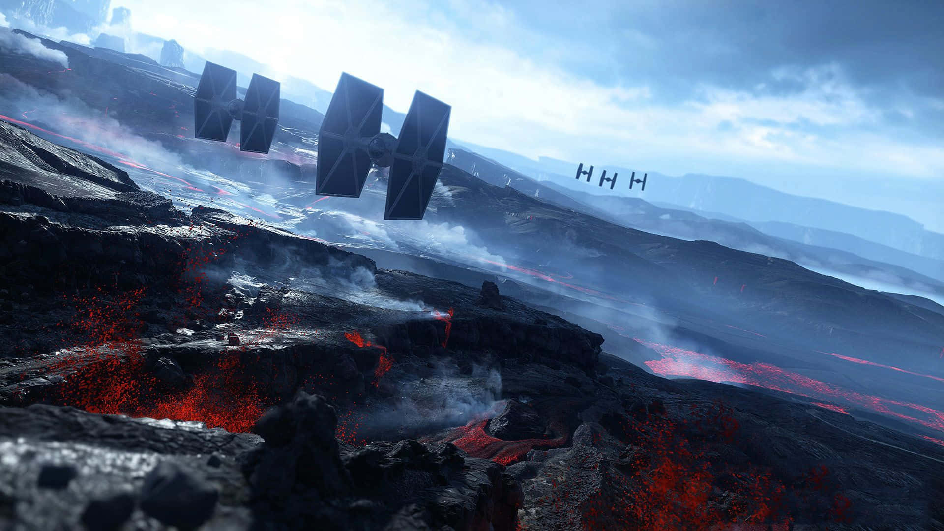 Mustafar 桌布 壁紙 — TIE戰機在火山戰場上空翱翔，地面有發光的熔岩河流，裂開的土地上升起煙霧。