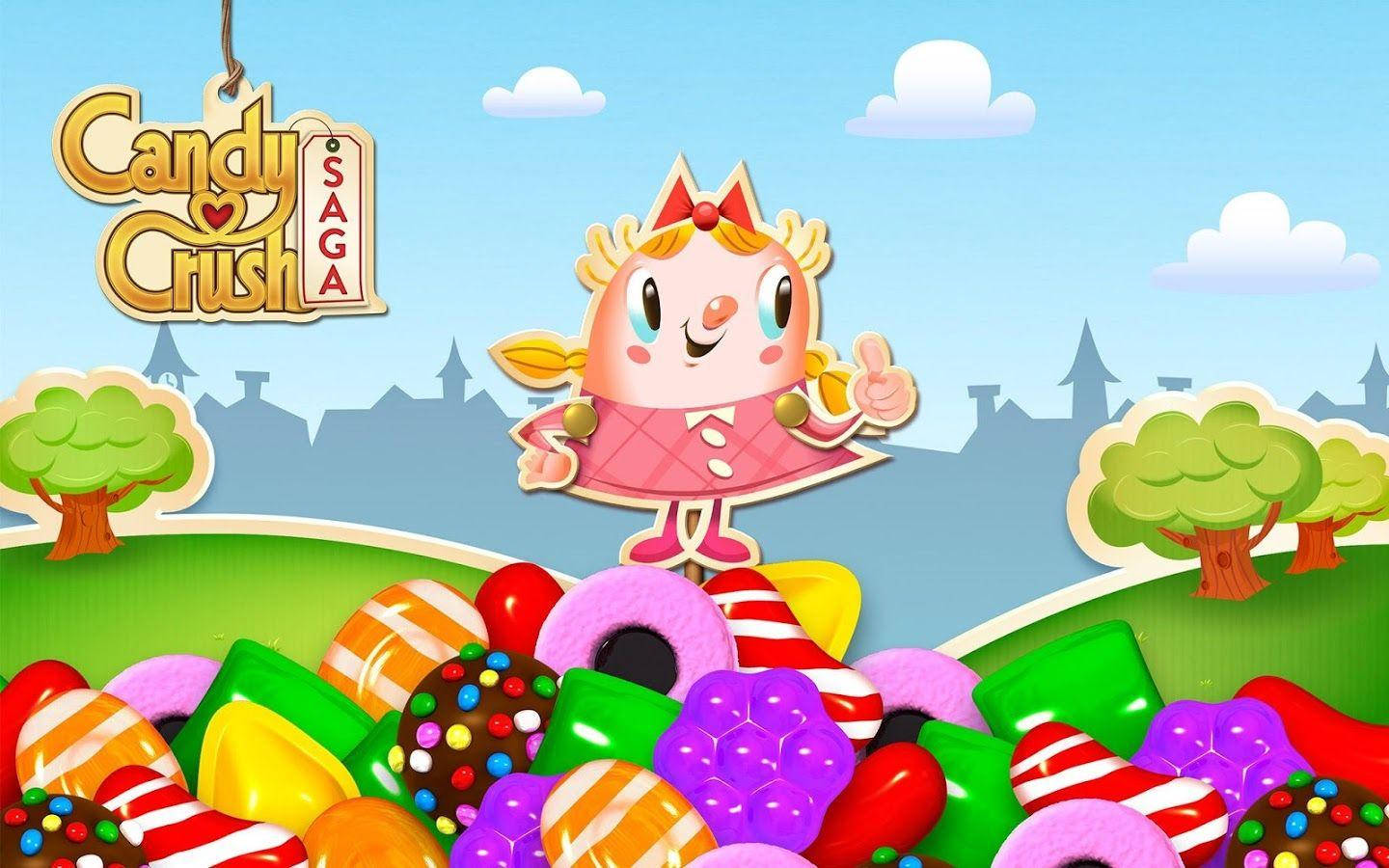 卡通公主在帶有Candy Crush標誌的糖果堆上豎起大拇指。