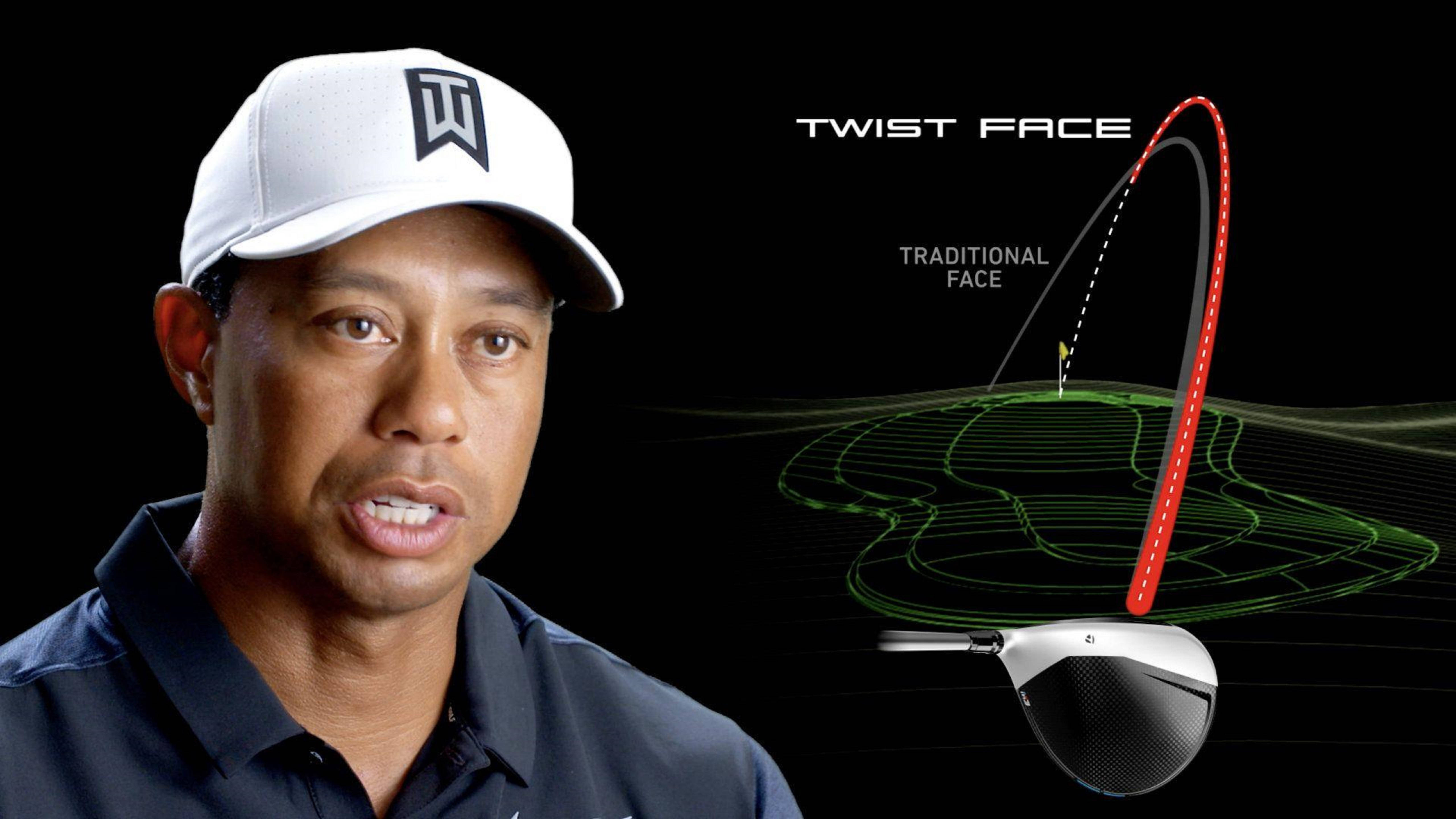 Tiger Woods 扭面技術 壁紙 — 老虎活士在黑色背景上以扭轉桿面圖形解釋高爾夫球桿技術。