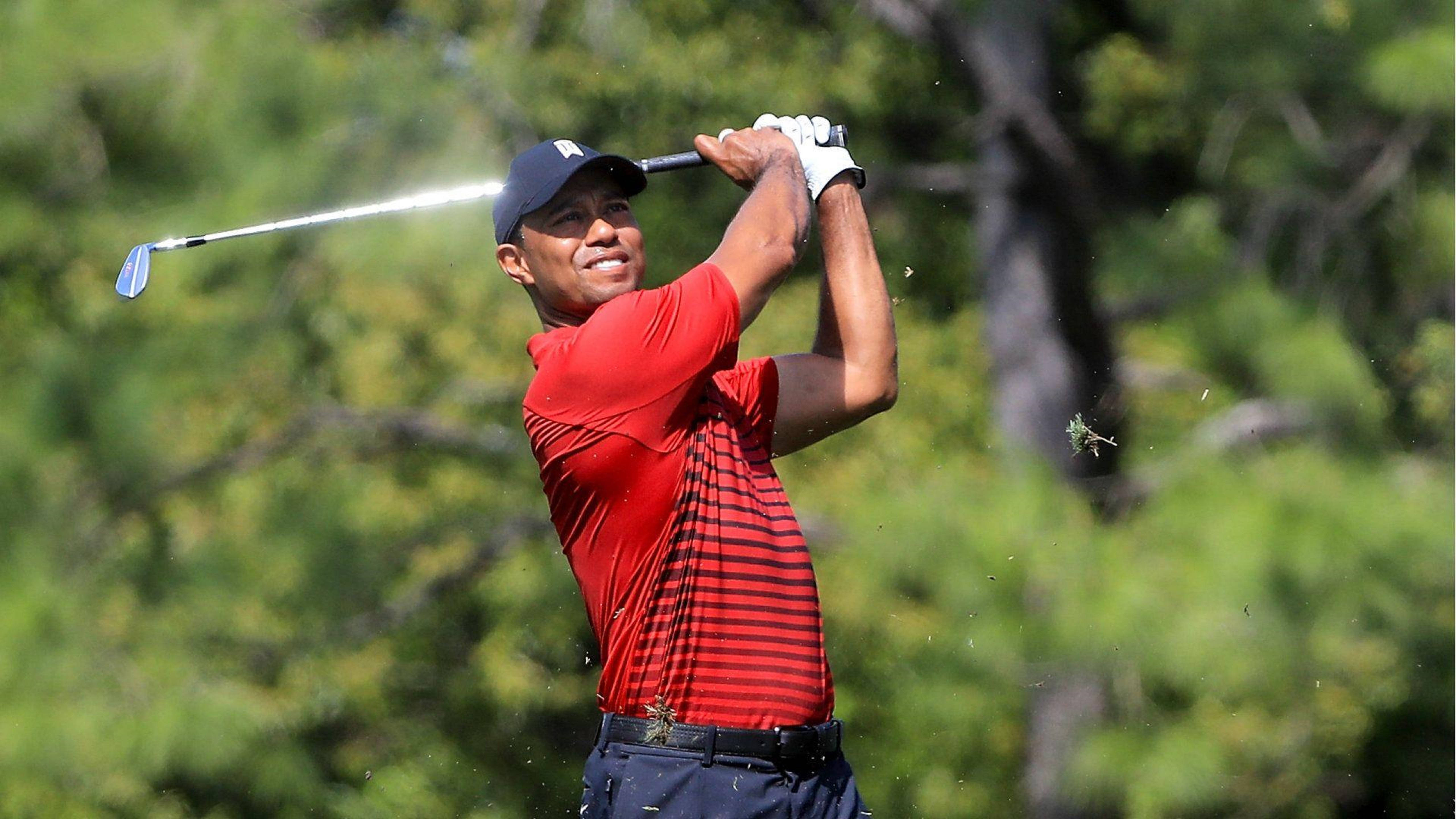 Tiger Woods 擊球瞬間 壁紙 — 老虎活士在陽光明媚的高爾夫球場上揮桿，背景是茂密的綠樹。