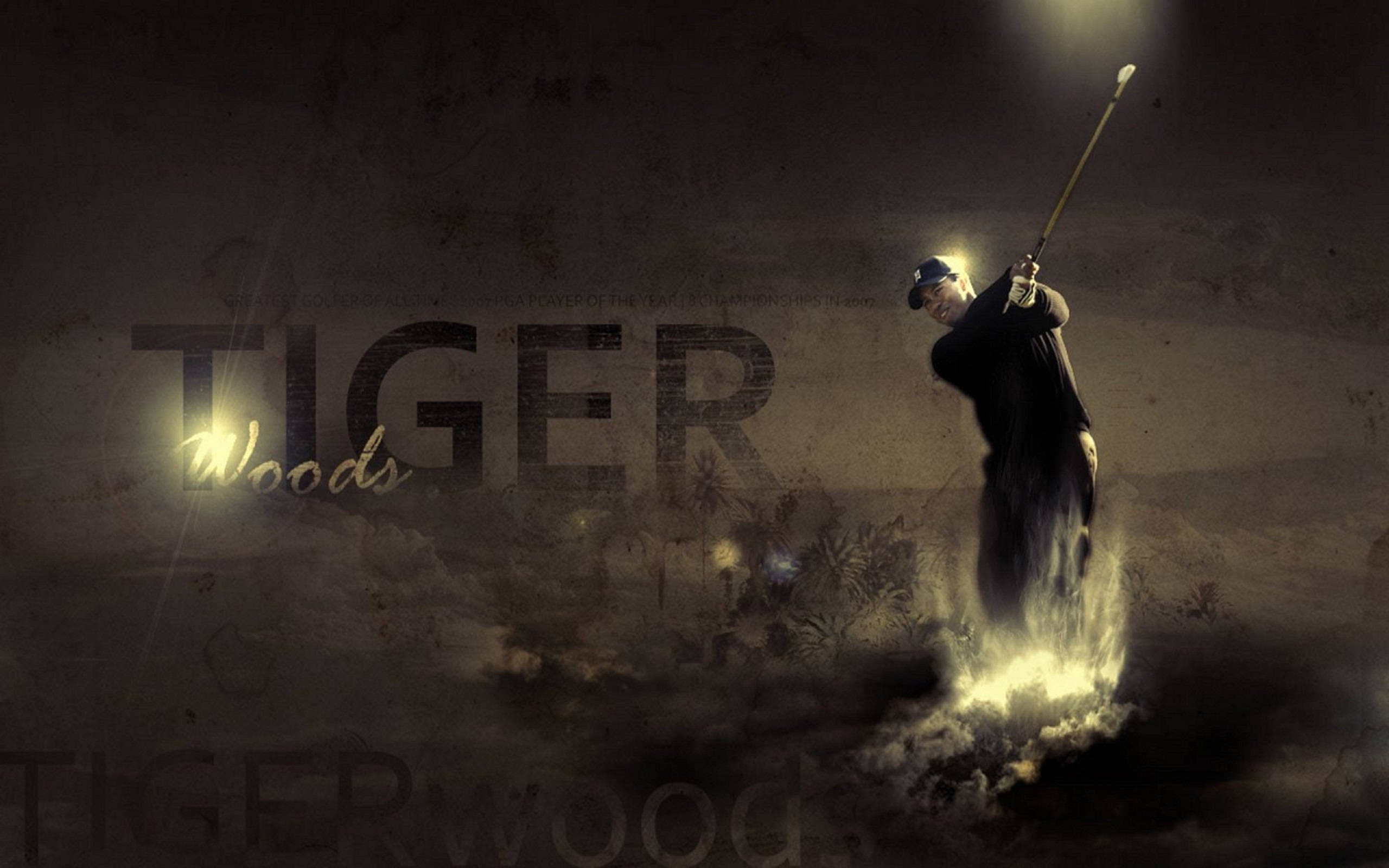 Tiger Woods 最偉大球手藝術 壁紙 — 老虎活士在戲劇性聚光燈下揮桿，背景為質感深色背景，帶有發光文字。
