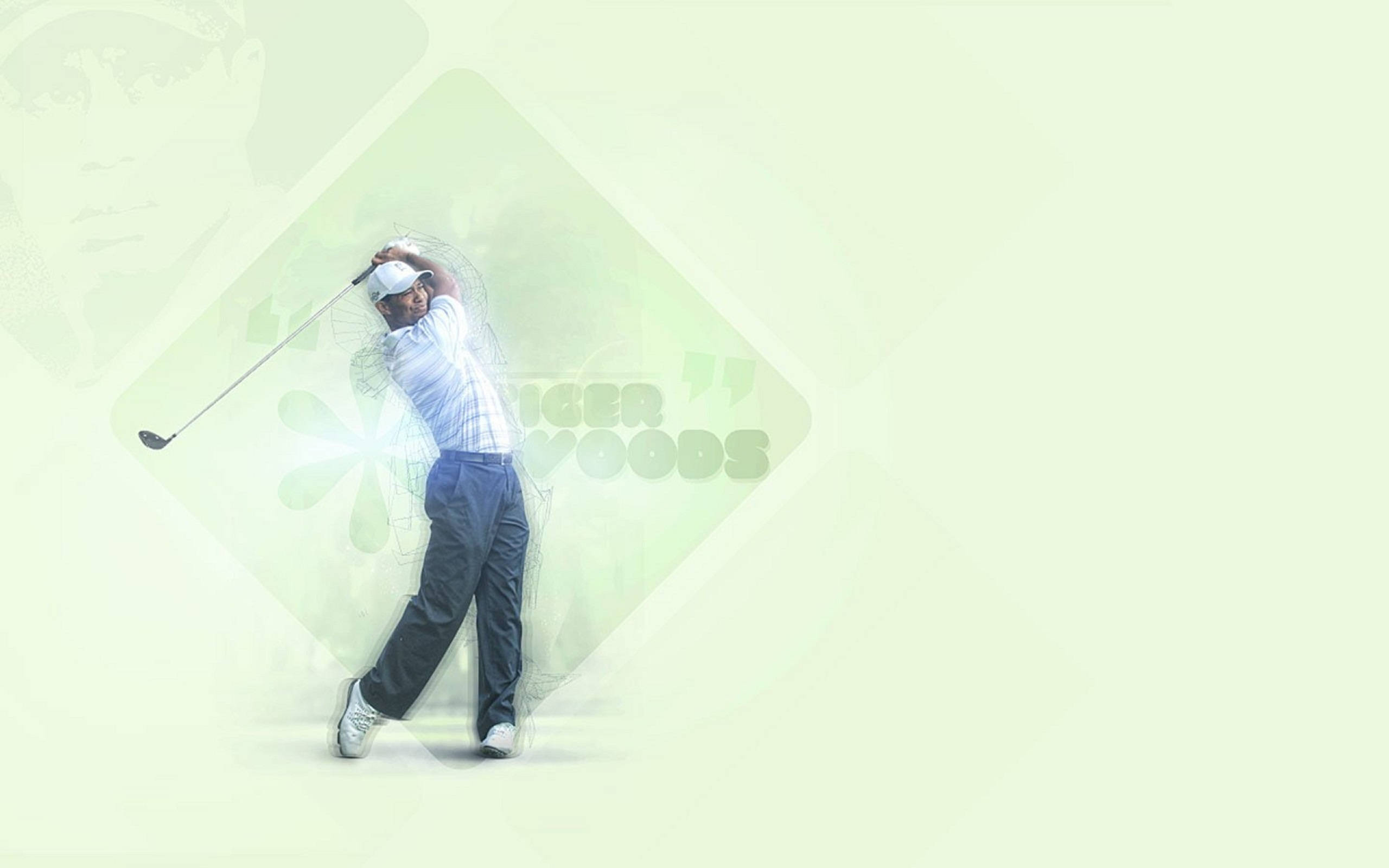 Tiger Woods 綠色美學 壁紙 — 泰格·伍茲在淡綠色背景上，於發光的鑽石框架中揮桿，他的名字隱約可見。