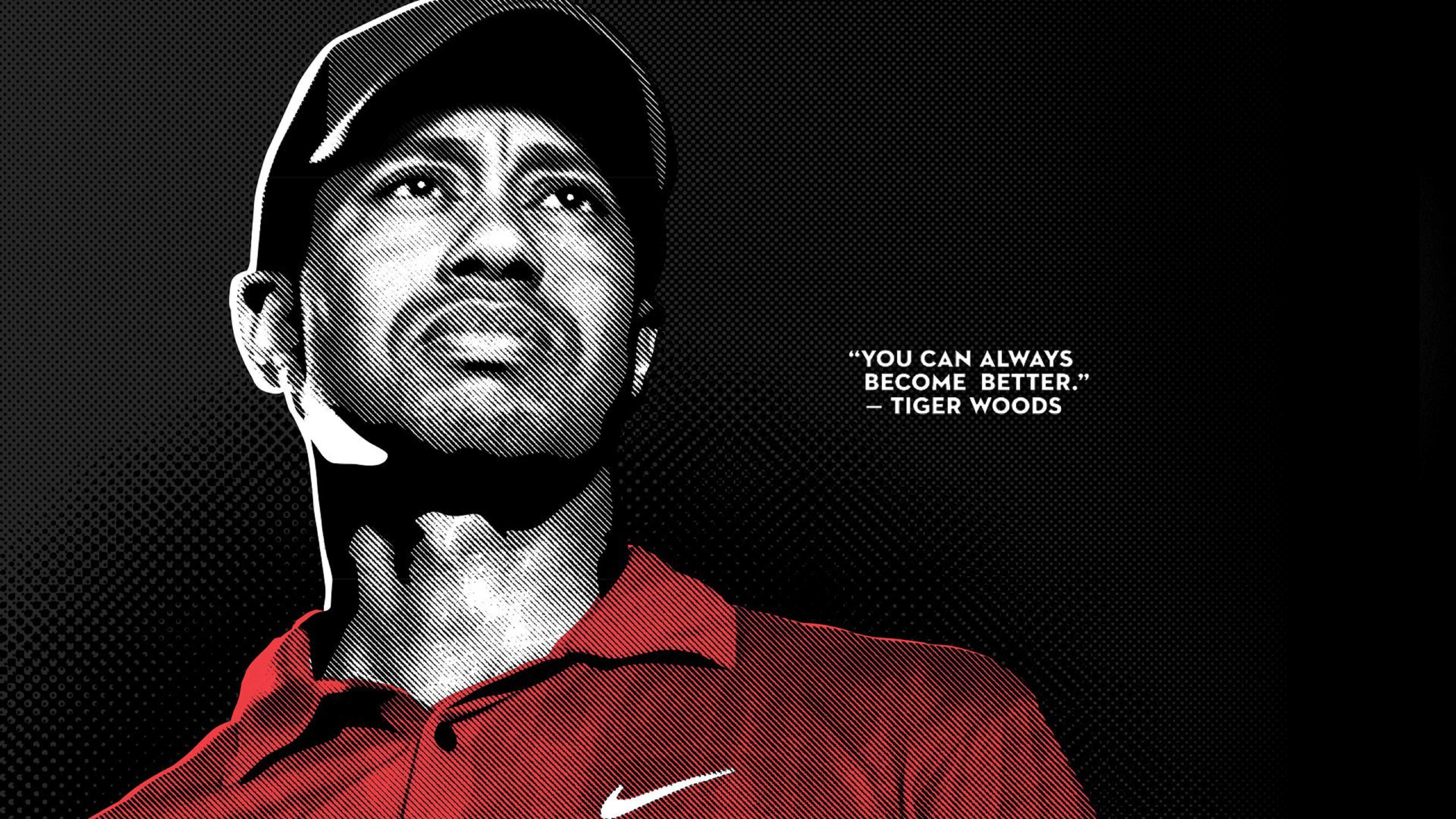 Tiger Woods 高爾夫名言 壁紙 — 一幅風格化的老虎活士肖像，身穿紅色Polo衫和帽子，在黑色半色調背景上帶有勵志名言。
