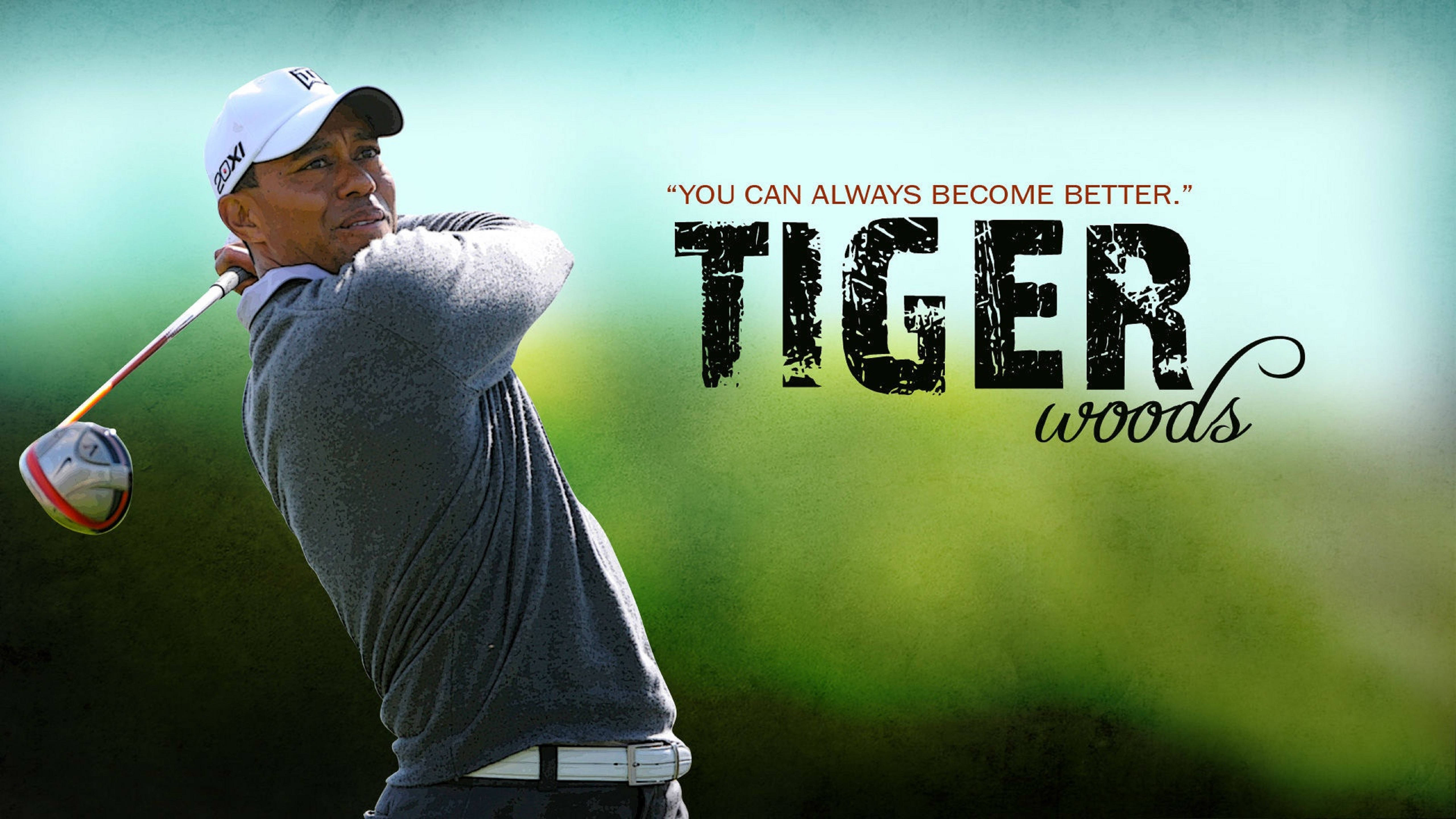 Tiger Woods 高爾夫美學 壁紙 — 老虎活士在高爾夫球場上揮桿，附有勵志語句覆蓋層。