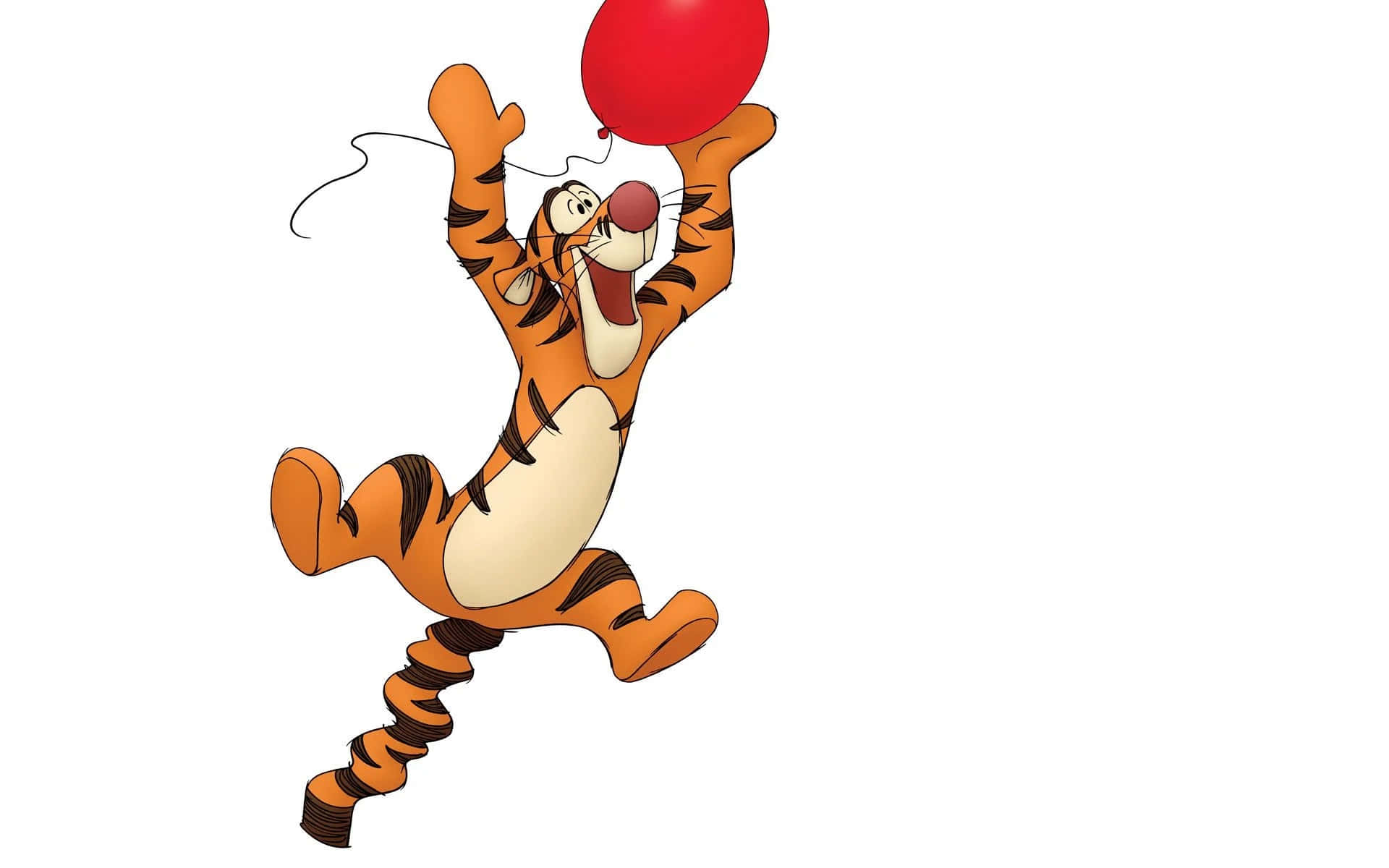 Tigger 用爪拎住紅色氣球跳起。