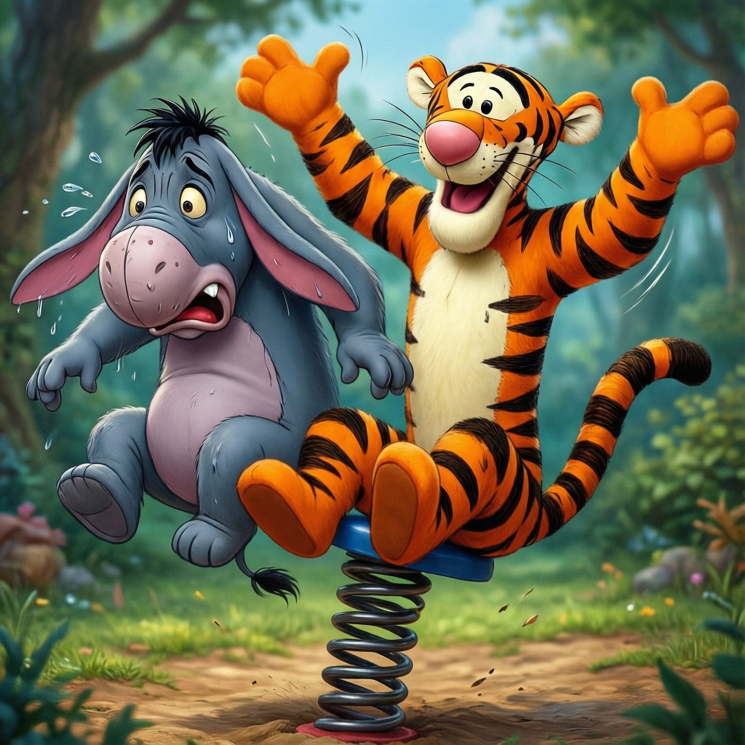 Bouncy Duo 壁紙 — Tigger 喺彈弓上開心跳躍，而Eeyore喺茂密森林中顯得驚慌且濕透。